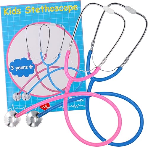 Miniatura 7 de Zcaukya Estetoscopio para niños, paquete de 2 estetoscopios de enfermería de trabajo real para niños, juego de rol, juego de médico, azul y rosa