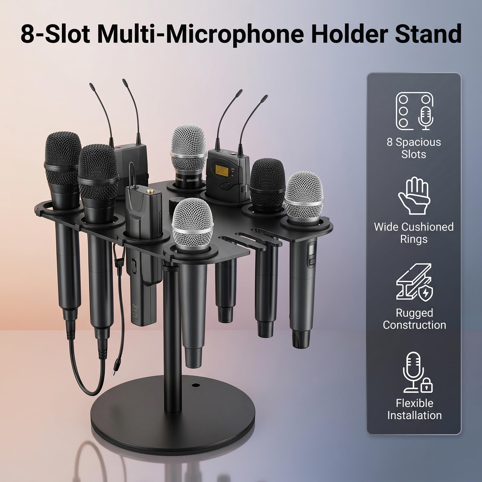 Supporto Multi-Microfono per Microfoni Cablati e Wireless, 8 Slot, Supporto Quadrato per Microfono, Vassoio per Palco, Antivibrazione, Montabile su Scrivania o a parete.