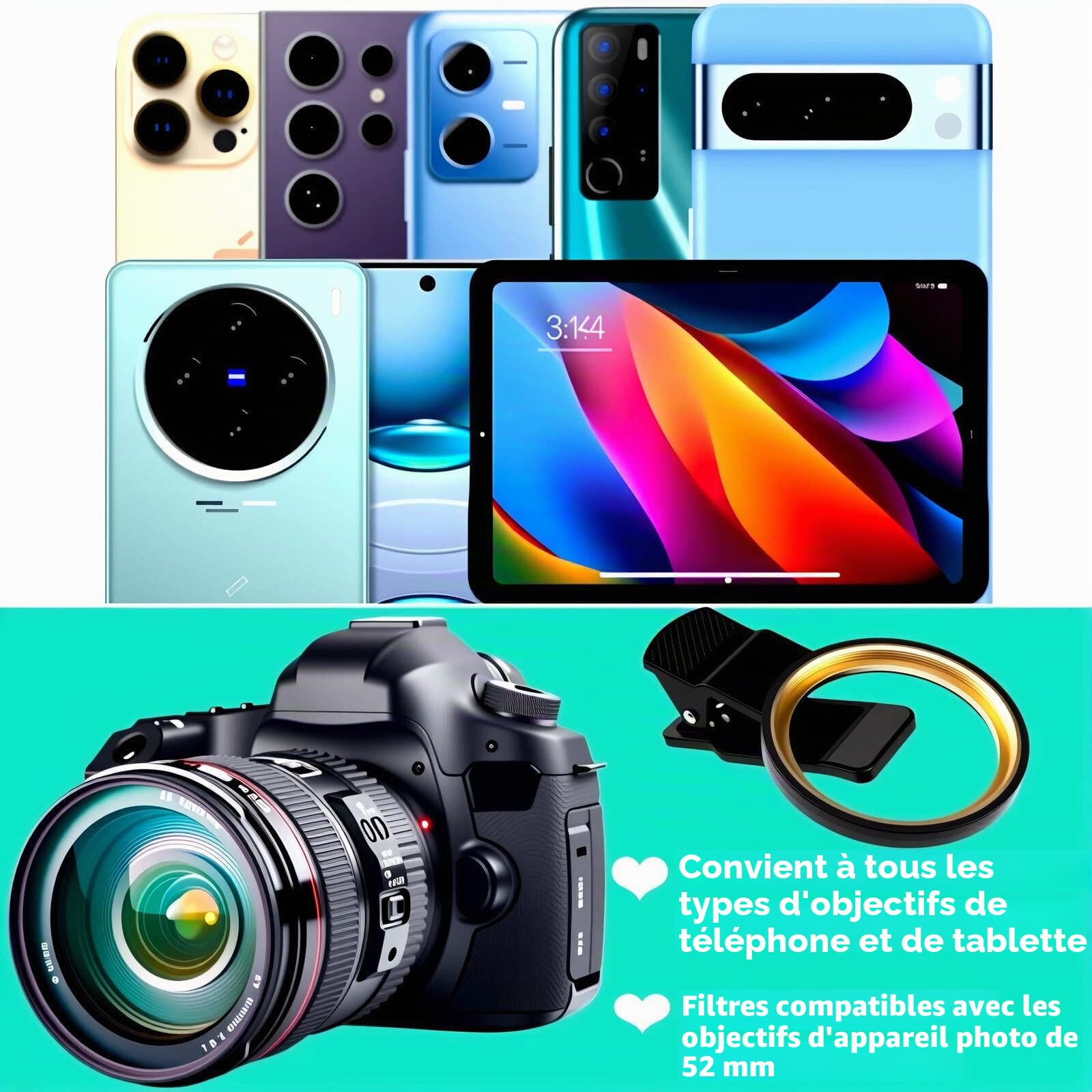 Filtre ND2-ND400 variable pour iPhone, Samsung et autres smartphones, adaptateur à clipser, verre optique double face HD multi-couches SLR de qualité, accessoires d'objectif de téléphone