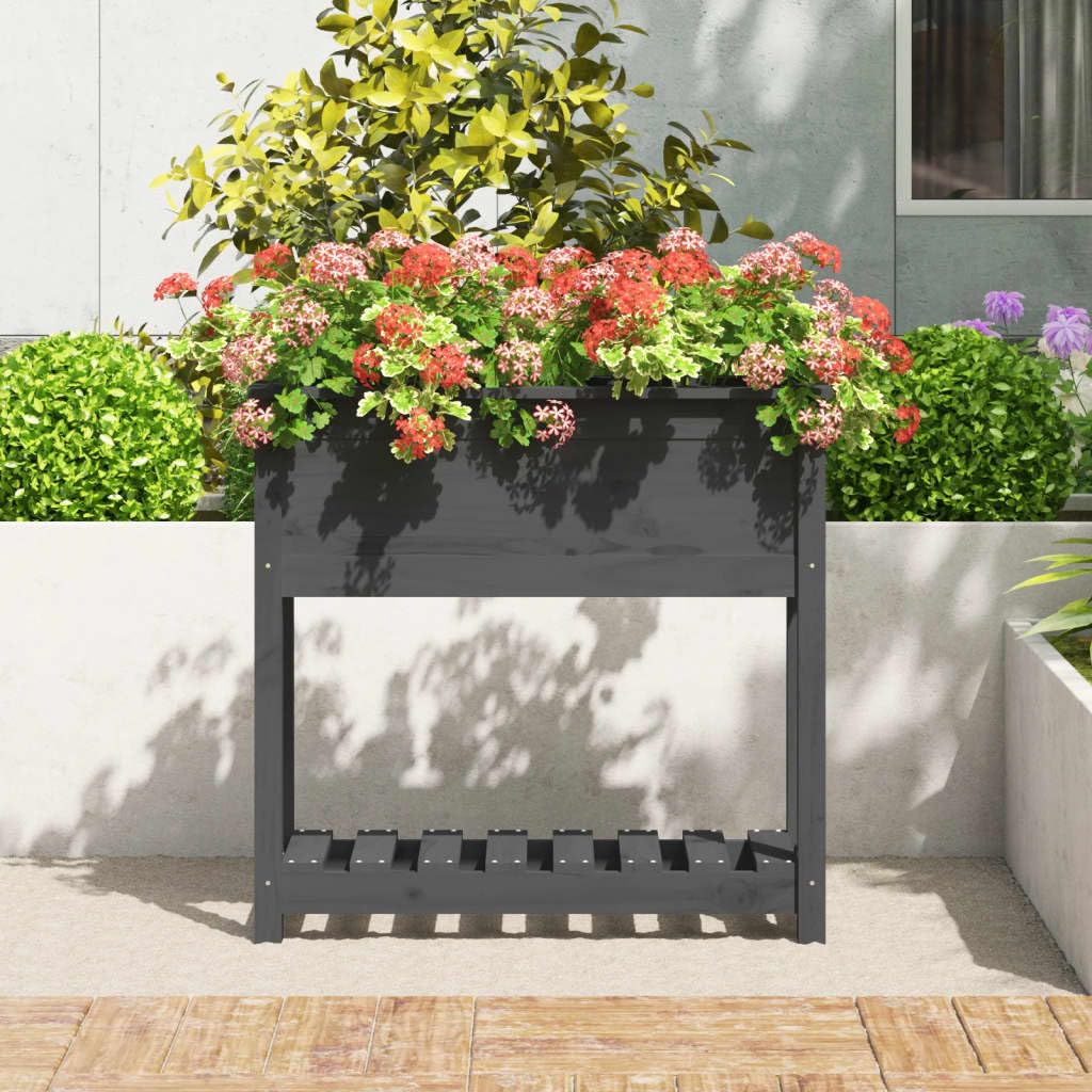 Fioriera Rialzata con Mensola in Legno Massello Grigio 82,5cm | Vaso rialzato ergonomico per orto sul balcone o patio, con ripiano inferiore per terriccio e attrezzi.