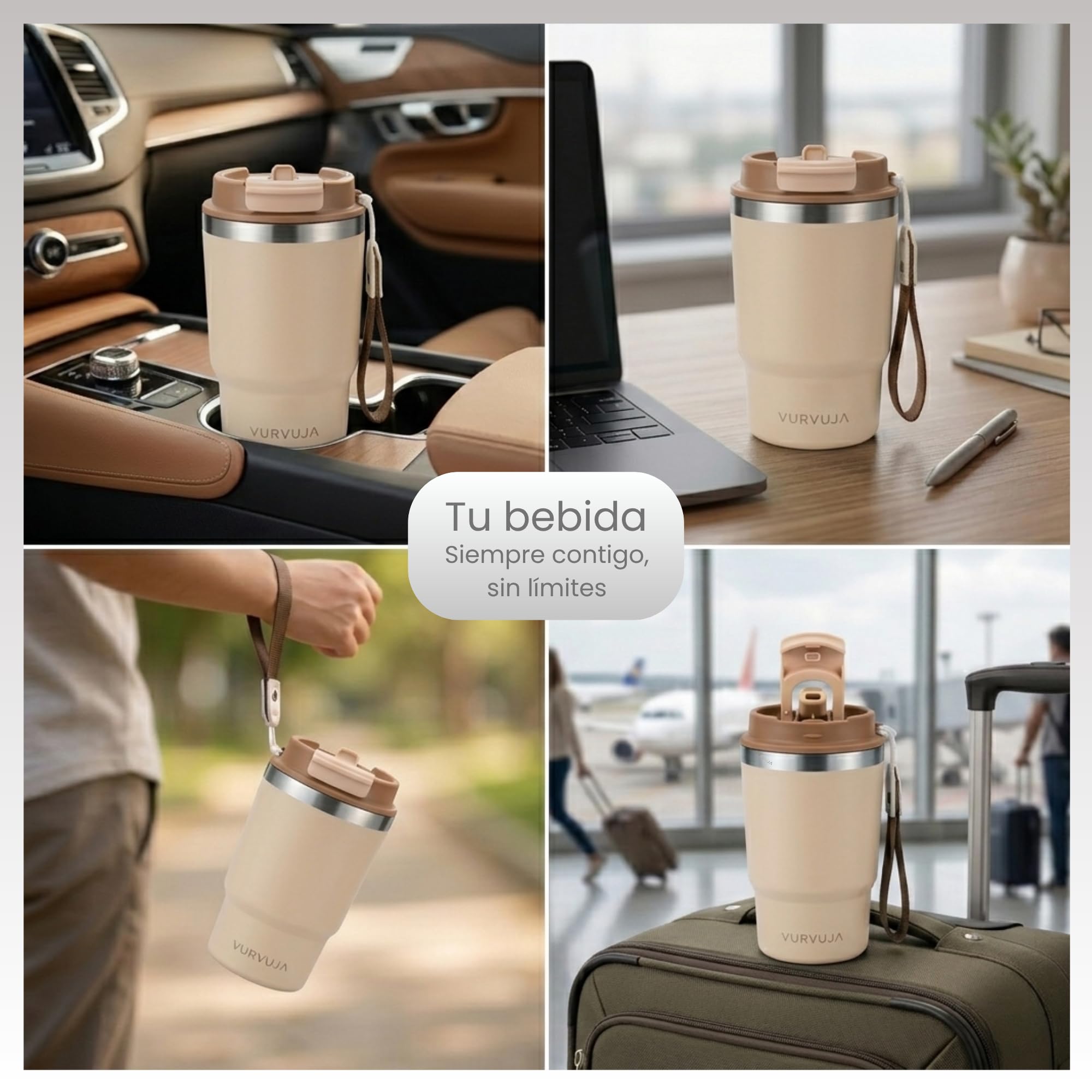 Vaso Termico 470ml de Acero Inoxidable 3en1 con Pajita y Tapa Antifugas. Taza Termica con Correa Integrada, Reutilizable y sin BPA. Termo Cafe para Llevar con Doble Pared para Frío y Calor. (Sand) — view 7