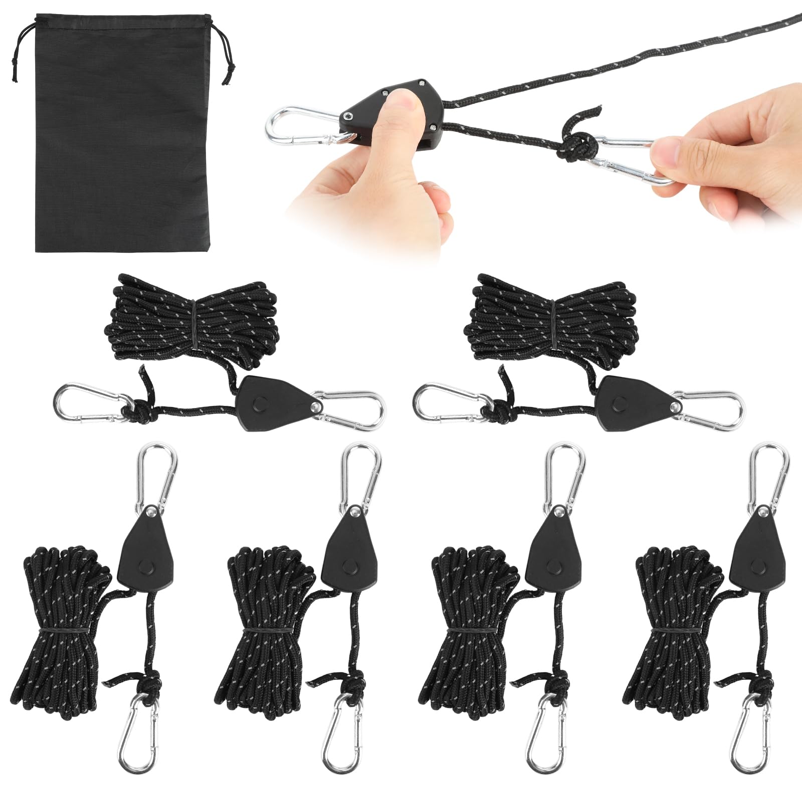 6 Pcs 4M×4mm Nylon Reflective Tent Guy Ropes with Metall Pulley, Adjustable