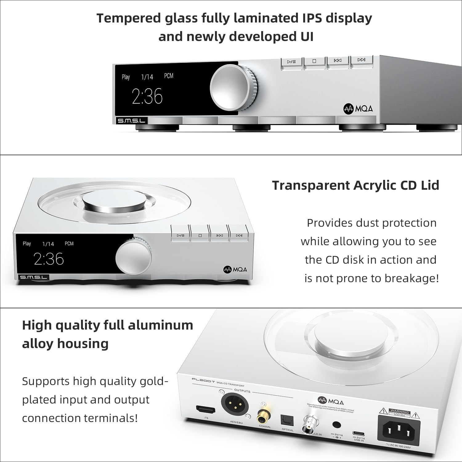SMSL PL200T Lettore CD MQA-CD Digital Giradischi Decoder Hi-Fi 32bit/768kHz DSD512 Ottico/Coassiale/I²S/AES Uscita Orologio Professionale Ingresso Home/Studio Audio System Copertura antipolvere