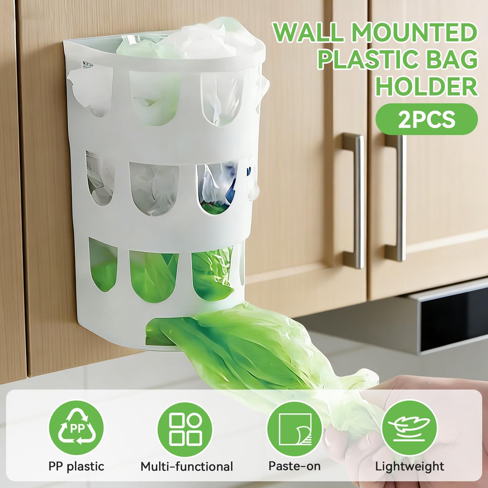 2 soportes para bolsas de plástico de montaje en pared, dispensador de bolsas de basura, dispensador de bolsas de comestibles, dispensador de bolsas de almacenamiento colgante para pared de cocina