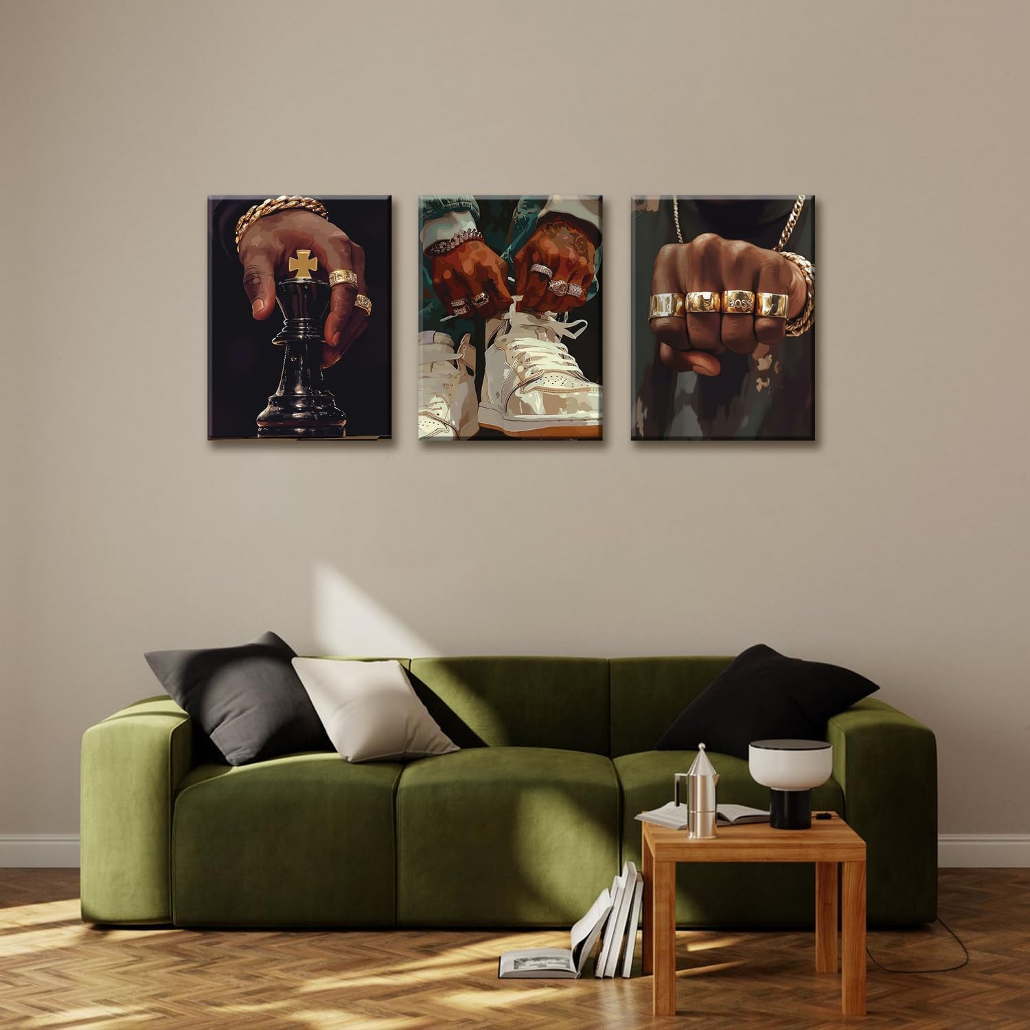 3Pcs Hip Hop Black Men Wall Art Urban African American Man Wall Decor Fashion Male Posters Prints Boss Rings Pictures King Chess Gold Chain Street Painting for Living Room Bedroom 16x24in Canvas