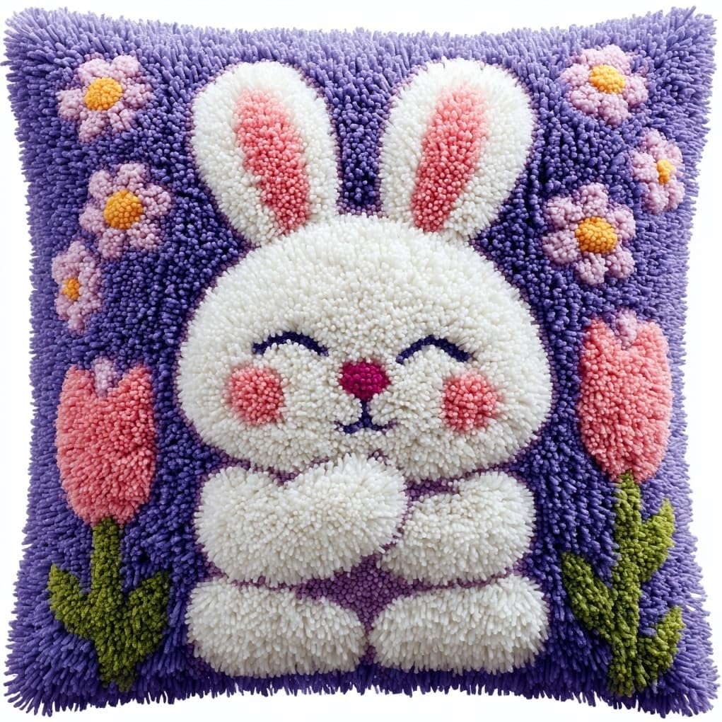 WallustrioaW Latch Hook Cushion Kits,Lavender and Rabbit,Latch Hook Pillow Case Kits Embroidery Carpet Set DIY Needlework,17x17in