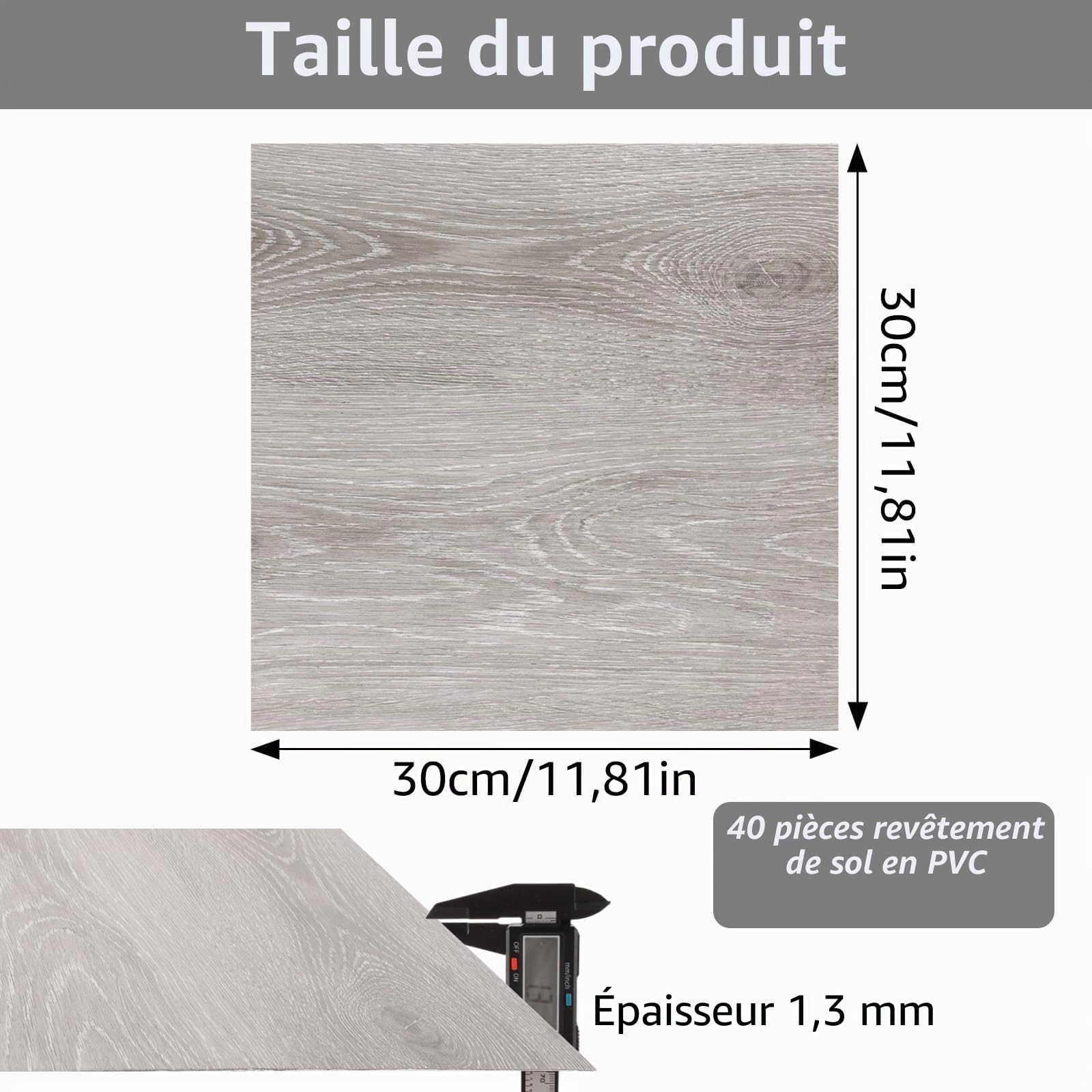Lot de 40 revêtements de sol en PVC - 30 x 30 cm - Carreaux adhésifs - 3,6 m² - Sol en vinyle - Autocollant - Épaisseur : 1,3 mm - Carreaux autocollants - Gris - Pour salon, cuisine, chambre