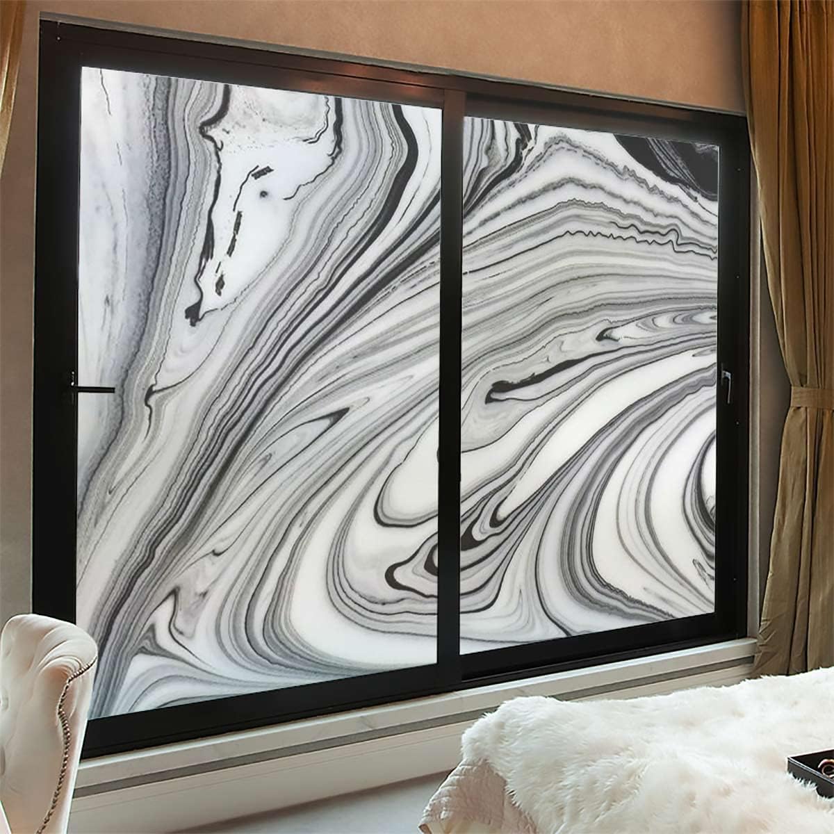 White Grey Static Clung Window Film Frosted Stained Flower Glass Sticker for Privacy Marble Color Formation Wavy Privacy Window Film 35.4Wx55.1L-inch x2 Pcs
