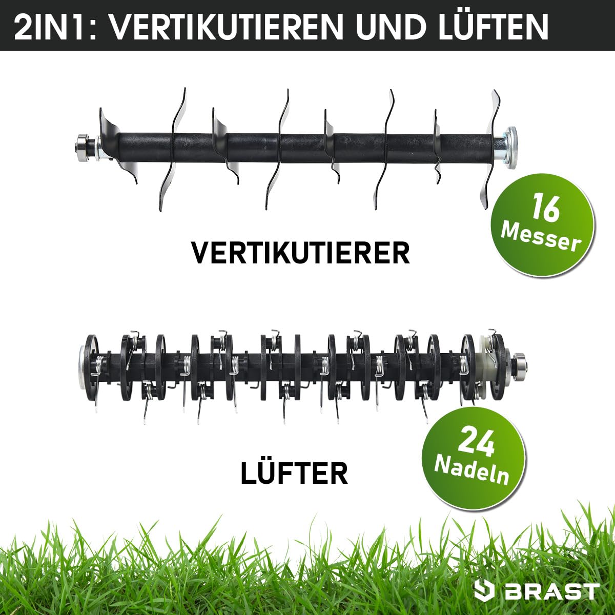 BRAST Akku-Vertikutierer Rasenlüfter 40V | 2x 4,0Ah-Akkus | 38cm Arbeitsbreite | 2in1 Funktion | 5-stufig einstellbare Arbeitstiefe | inkl. Schnellladegerät | 50L Fangsack | für Flächen bis 500 m²