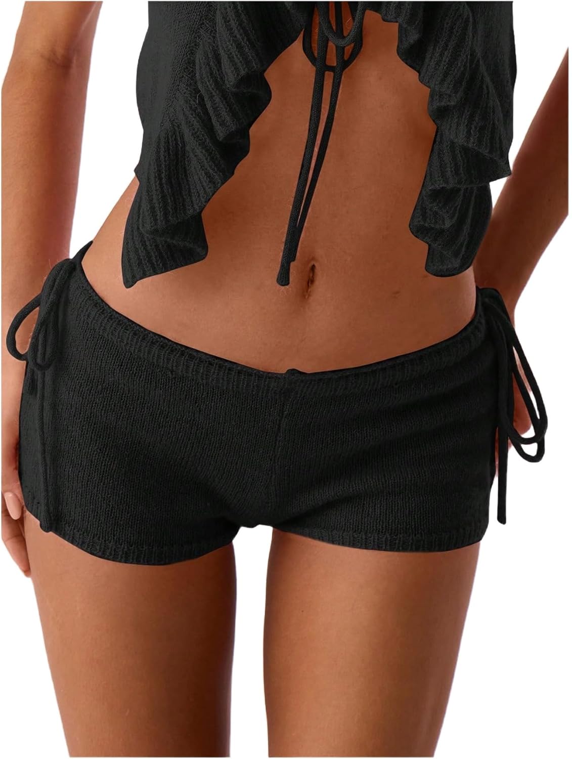 WDIRARA Women's Tie Side Knitted Mini Shorts High Waist Elastic Waisted Summer Cute Shorts