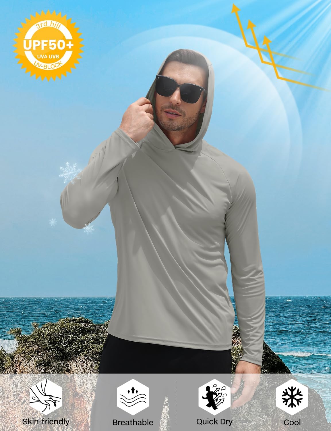 Mens UPF 50+ Sun Hoodie UV Protection Long Sleeve Swimming Rash Guard SPF Quick Dry Fishing Shirt for Outdoor Sports - Image 4