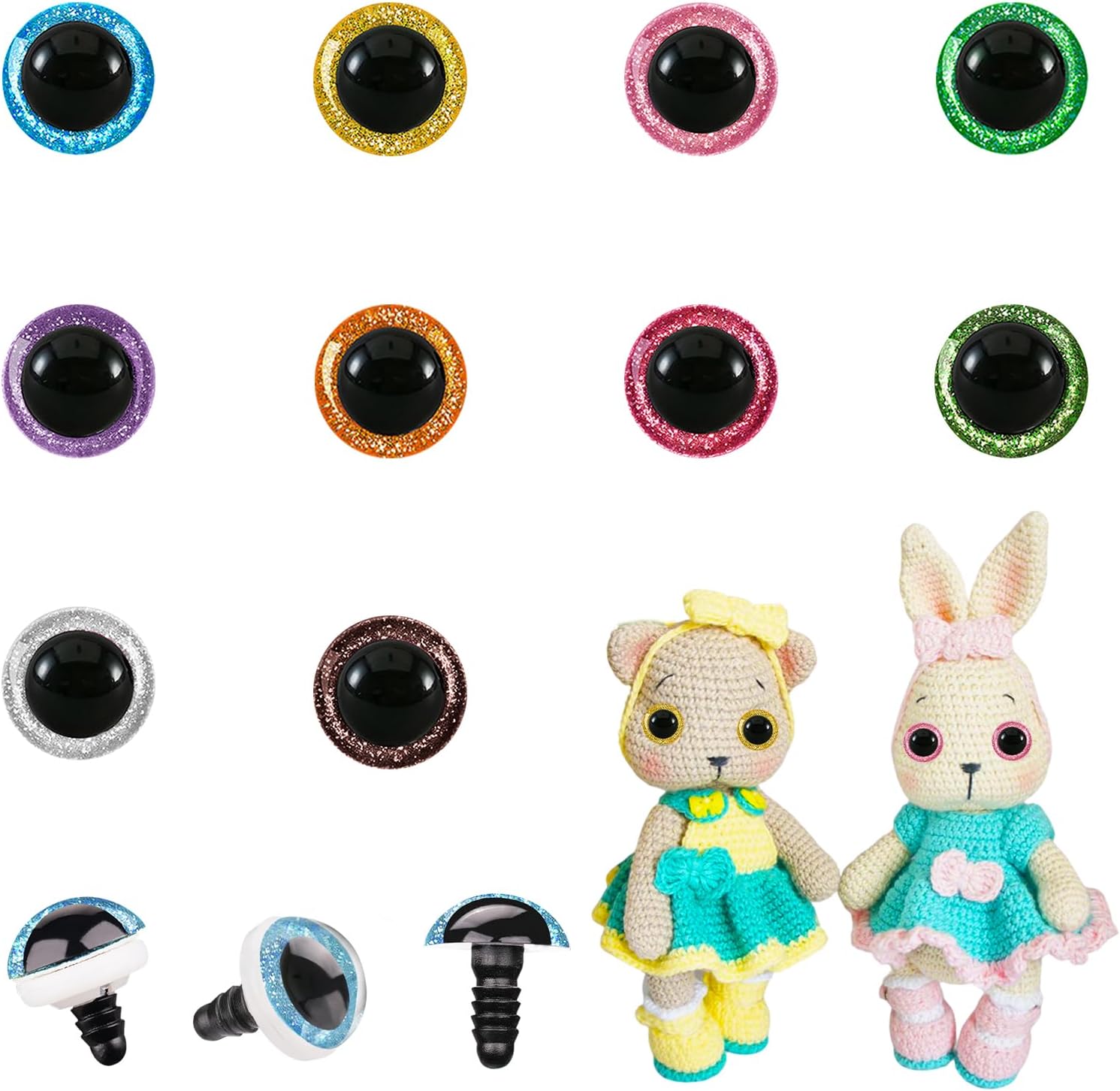 MUCUNNIA 200pcs 14mm 3D Moon Glitter Safety Eyes for Crocheting with Washers Laser Crochet Eyes Amigurumi Eyes for Crochet Animals Craft Doll Eyes Stuffed Crochet Eyes for Crafts