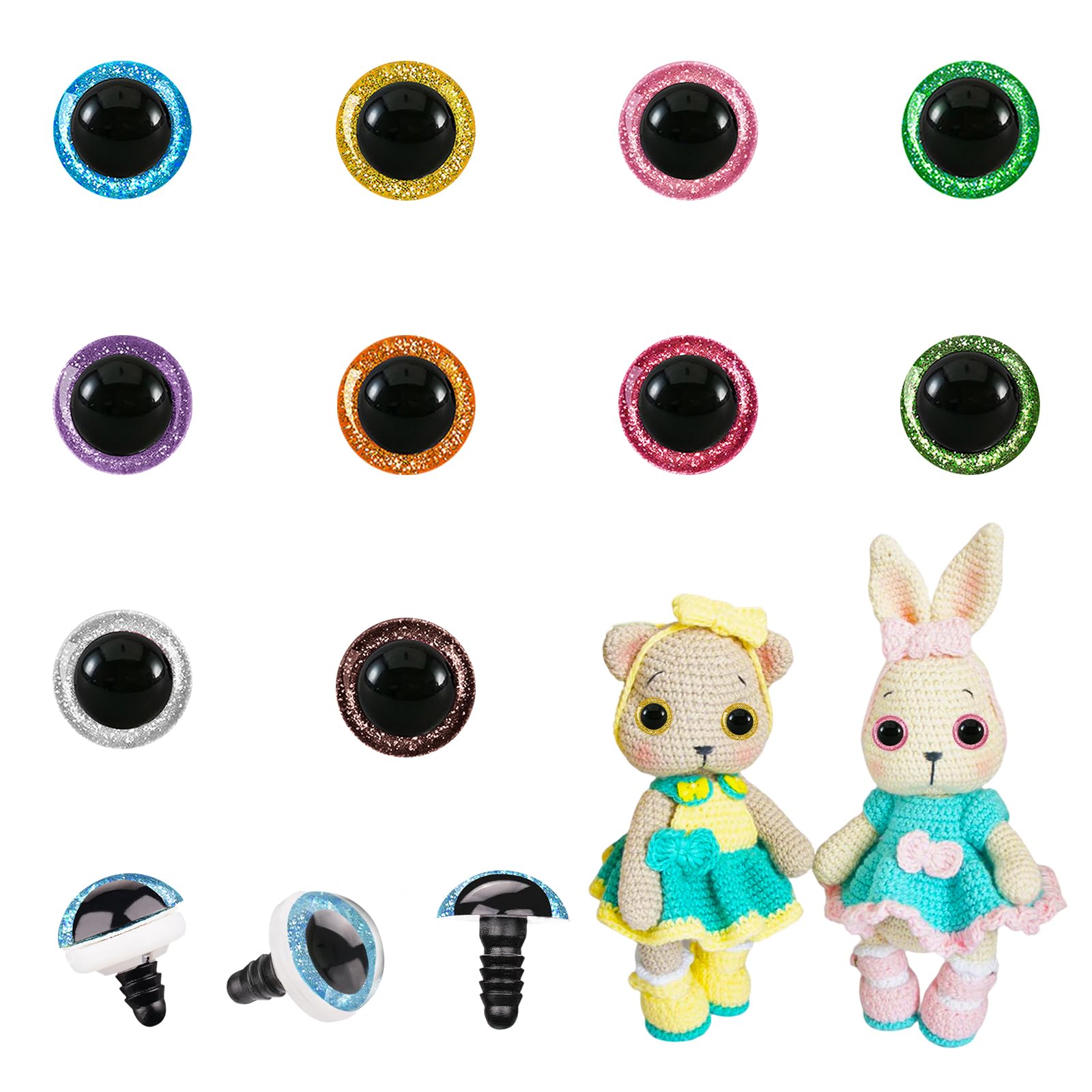 MUCUNNIA 200pcs 15mm Glitter Safety Eyes for Amigurumi with Washers
