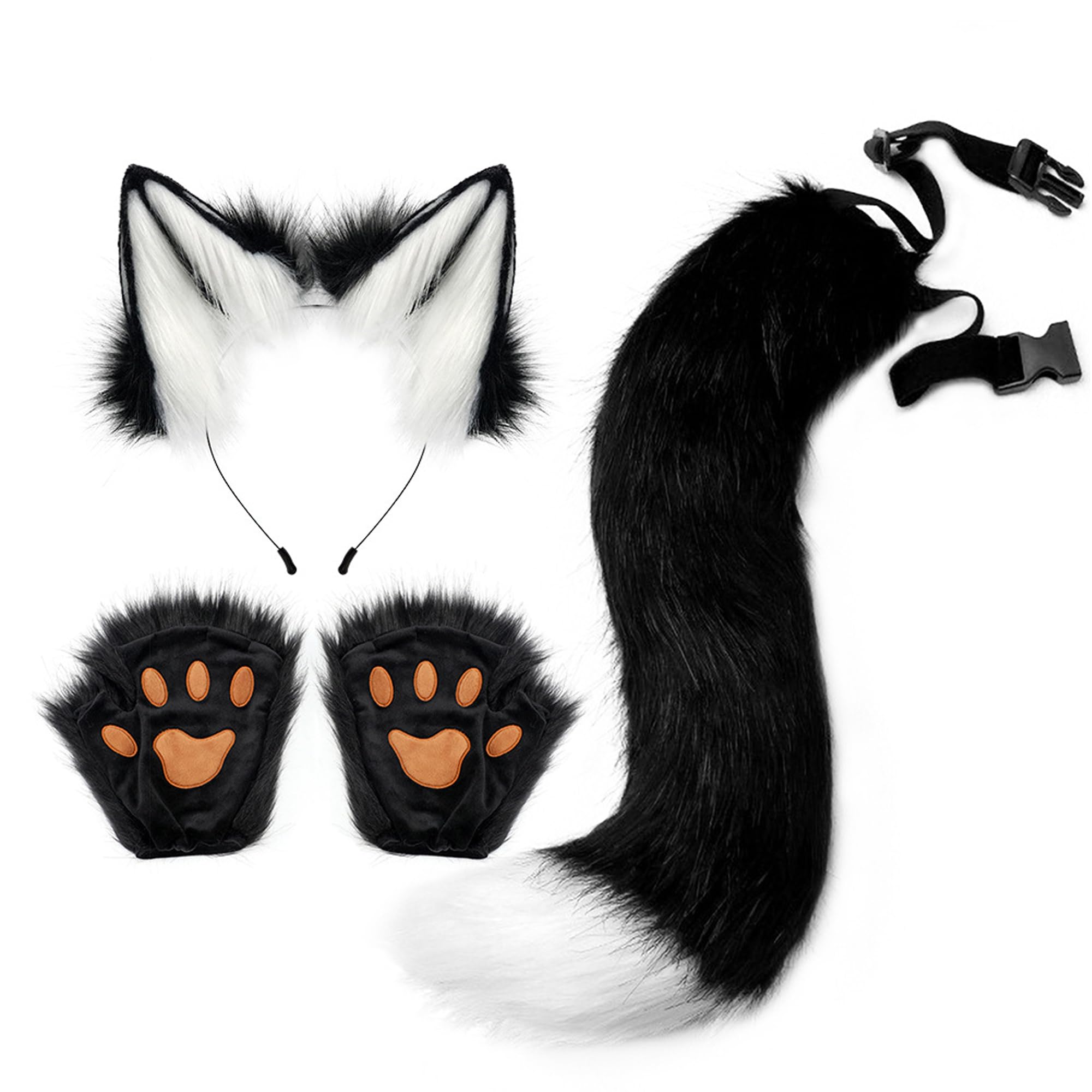 SANSIWU Halloween Fashion Faux Fur Cat Ears Hair Clip Party Costume Ornament Furry Wolf Fox Tail Bell Leather Neck Chocker Cosplay Toy Set (B-White Black Gloves, One Size) โ image 1