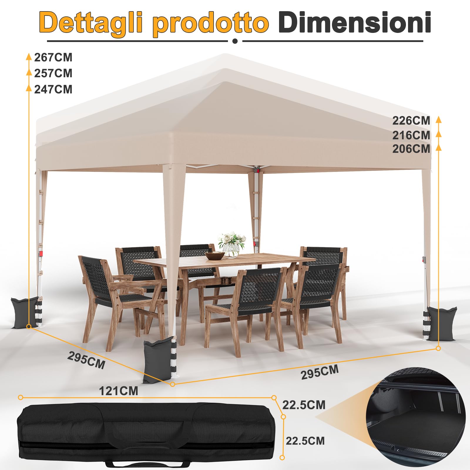JUMMICO Gazebo 3x3m Pieghevole, Altezza Regolabile, Struttura Stabile, Copertura Esterna Resistente e Impermeabile, con Pareti Laterali, con 4 Sacchi di Sabbia di Peso e Sacca da Trasporto, Beige