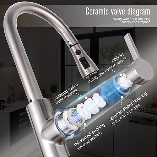 Miniatura 6 de Dalmo - Grifo de fregadero de una sola manija de níquel cepillado con 3 modos de pulverización, grifo de fregadero de cocina de acero inoxidable con