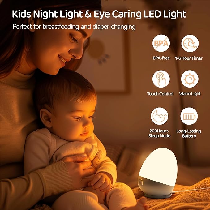 ZUZUKID Night Light for Kids, Rechargeable Baby Egg Light for Nursery, 3 Color Temperatures & Stepless Dimming, Portable Touch Egg Light Lamp for Breastfeeding with 1-6H Timer photo 2