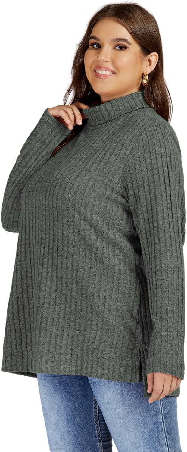 VISLILY Womens-Plus-Size-Tops Trendy Turtleneck Lightweight Sweaters Casual Long Sleeve Shirts Dressy Side Split Tunics 1X-5X - Image 3
