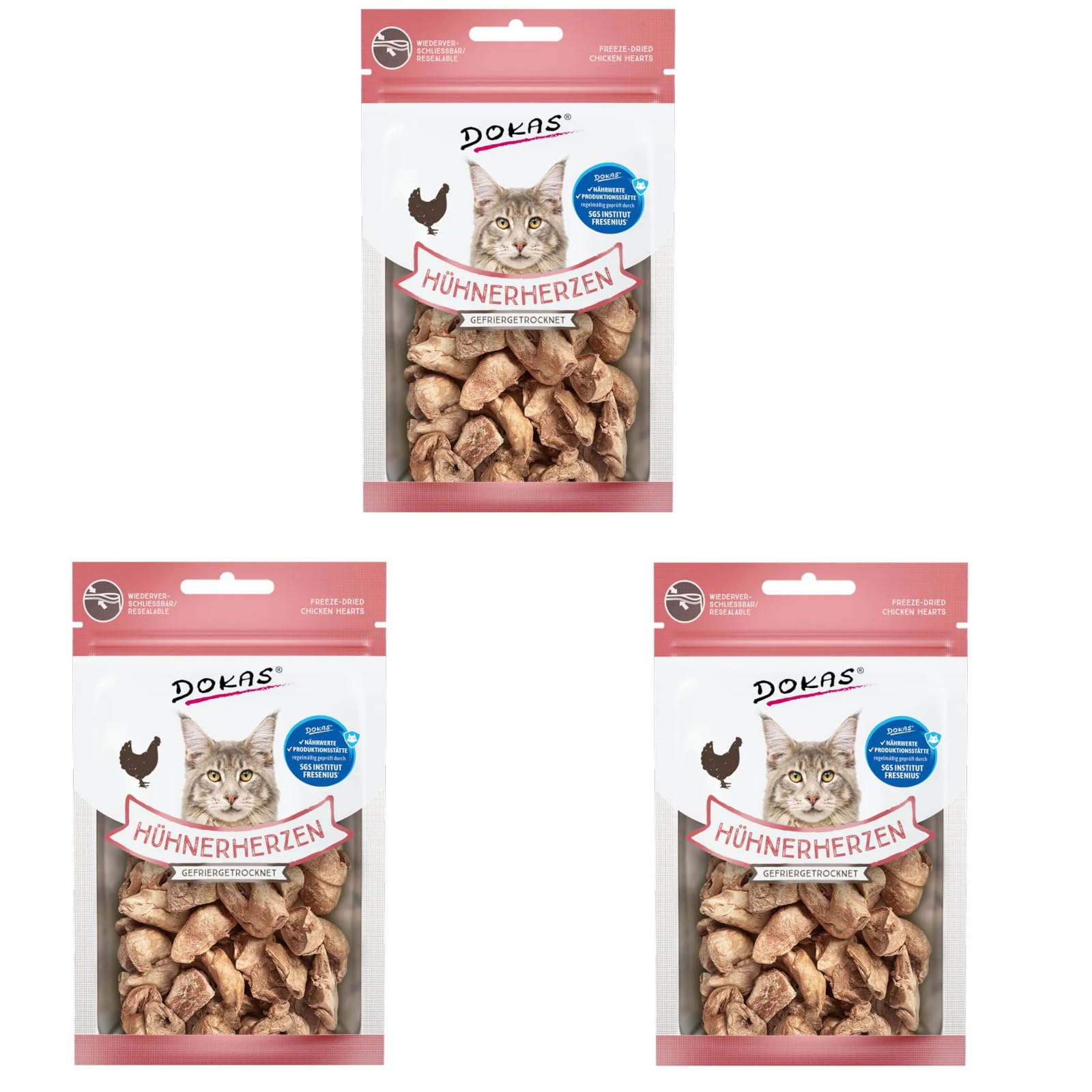 Dokas Liofilizowane serca kurczaka | 3 sztuki | 45 g | smakołyki dla kotów | dzięki liofilizacji zachowuje 100% naturalnych składników odżywczych