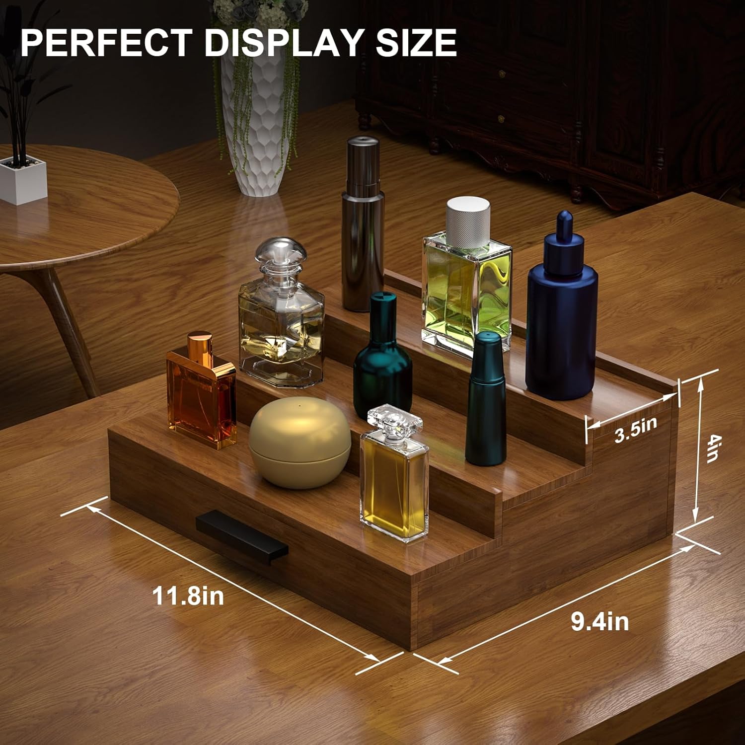 Walnut Wood Cologne Organizer for Men 3 Tier Cologne Stand,Wooden Cologne Holder Display Shelf with Hidden Compartment and Drawer,Perfume Organizer Great Gift for Men