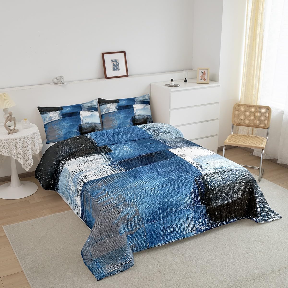 Erosebridal Gray Abstract Comforter Set King Navy Blue Watercolor Bedding Set, Tie Dye Gradient Down Comforter Grunge Ombre Quilt Comforter, Patchwork Bedding Comforters & Sets 3pcs Soft Cozy