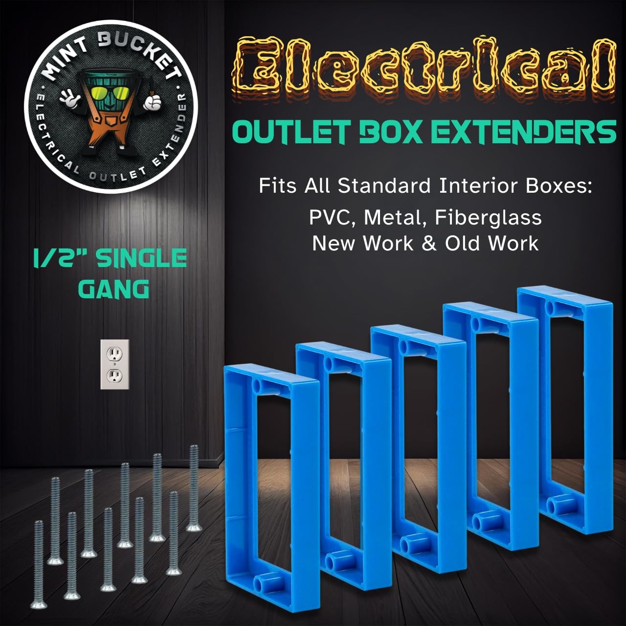 Paquete de 5 extensores de caja de salida de receptáculo de 1/2 pulgada con tornillos de 6-32 x 1.25 pulgadas, extensor de toma eléctrica para interruptores de caja eléctrica e interruptores de toma