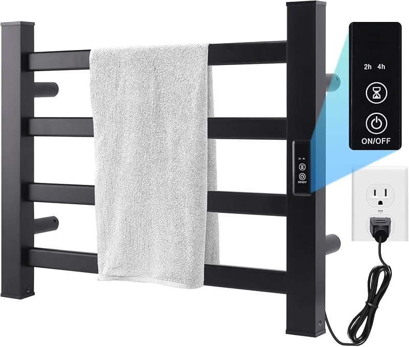 Calentador de toallas Toallero con calefacción - Nopwer Baño Montado en la pared Secado de toallas eléctrico enchufable Negro mate 4 barras