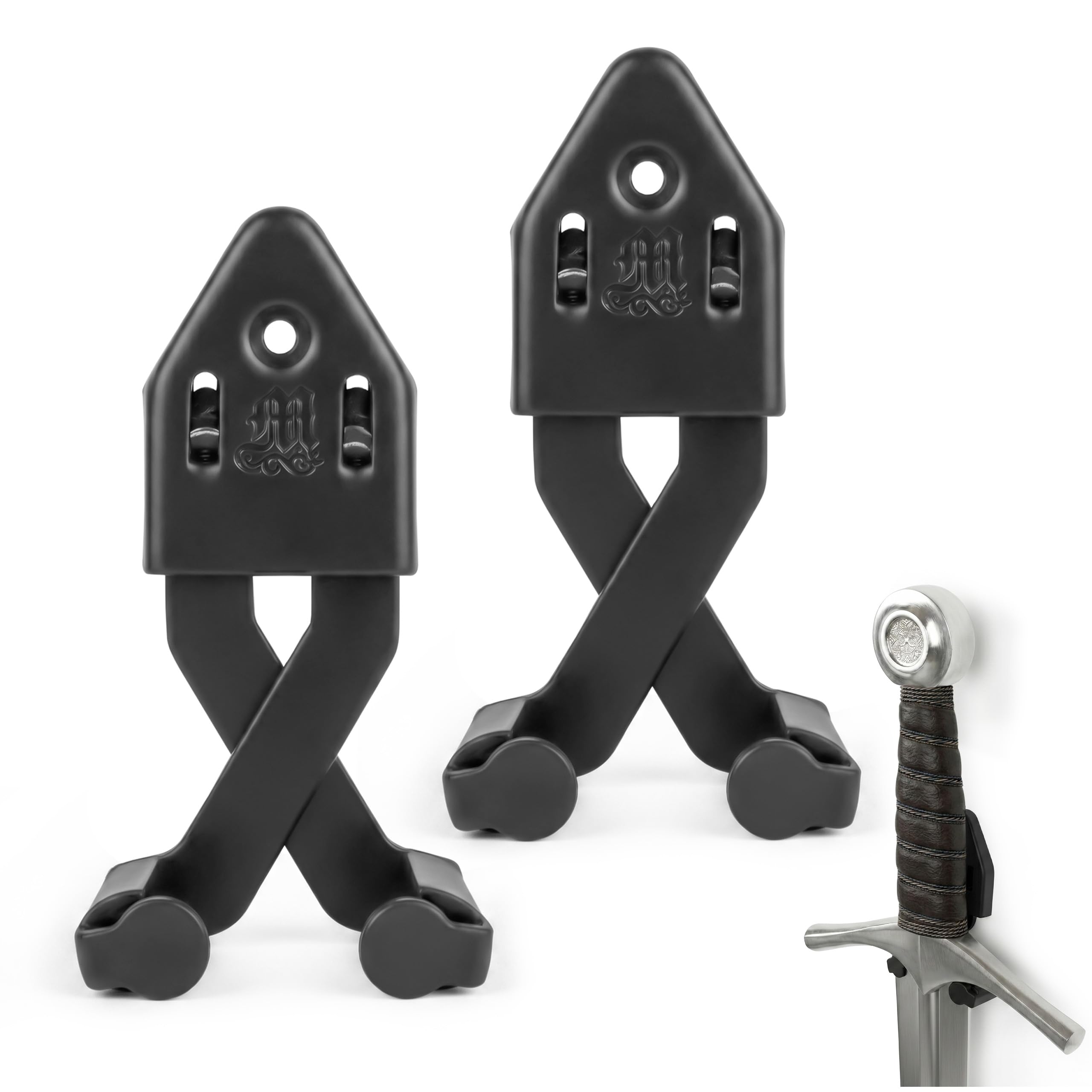 Mythrojan Metal Single Sword Wall Mounts Vertical Sword Mount Display Wall Hanger Adjustable Multifunctional Mount Wall Décor Rack for Axe, Knives - Black,Large, Packs of 2