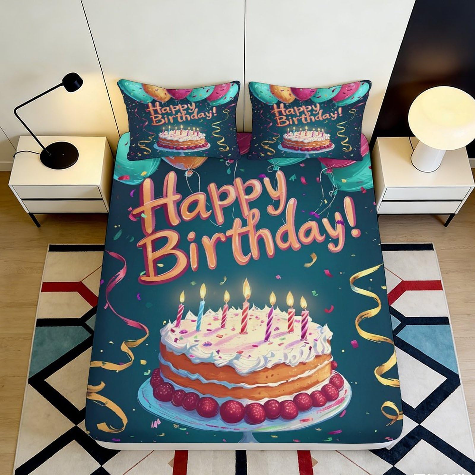 3D Printed Birthday Cake Fitted Sheet Microfiber Soft Anti-Slip Confetti Bed Cover for Bedroom Guest Room Machine Washable 90x200x25cm