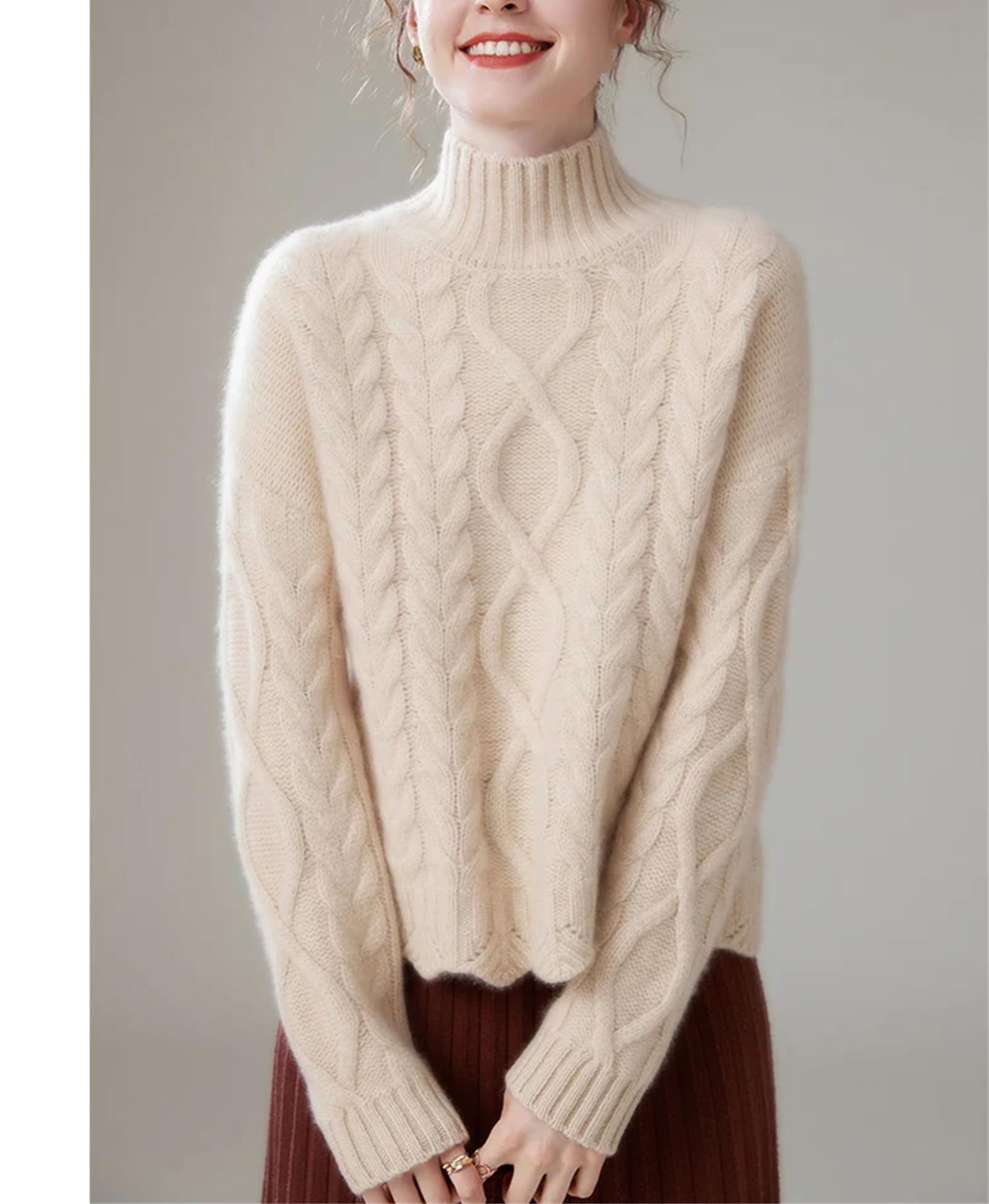 Maglione casual da donna, per l'inverno, lavorato a maglia, con collo a lupetto