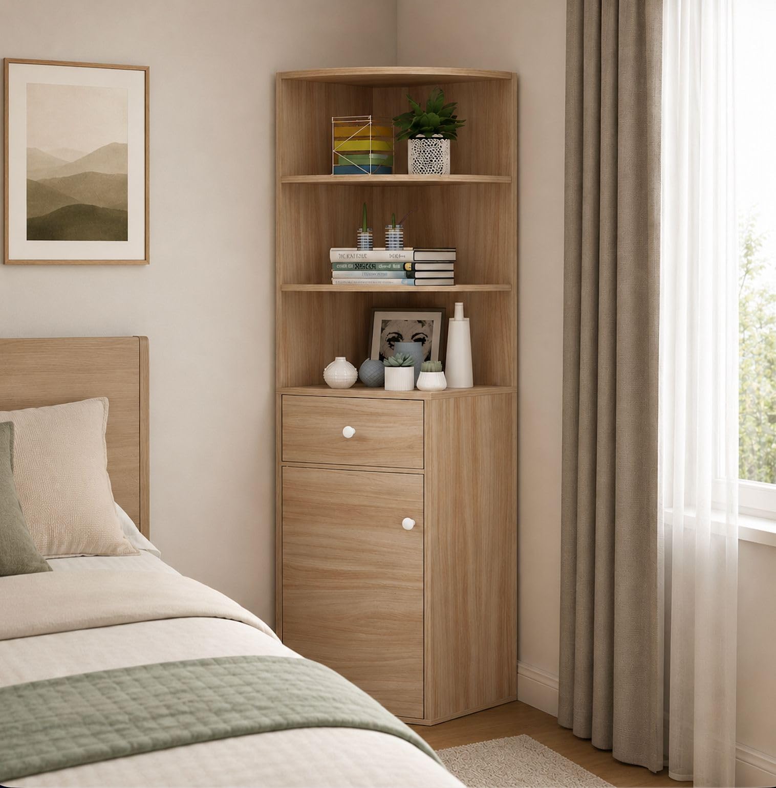 Kawachi Wooden Multipurpose Corner Wall Decor Display Cabinet Bookshelf Rack with Drawer Storage Beige-image-32