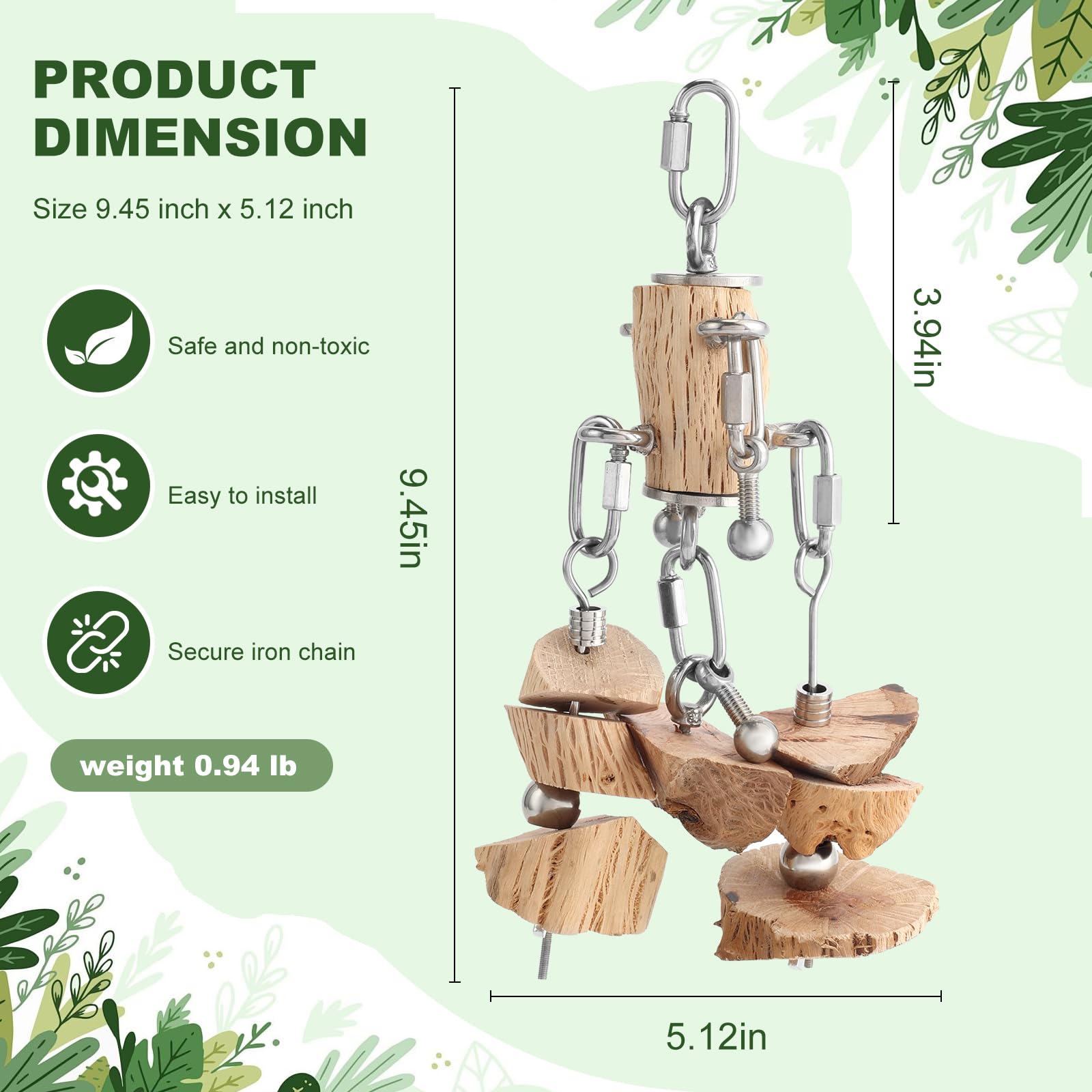Lulu Buddy's Giocattolo da masticare in acciaio inossidabile e legno di pero selvatico che aumenta la gioia, gancio indistruttibile per ara, cacatua/grigi africani, gioco interattivo sicuro e pace