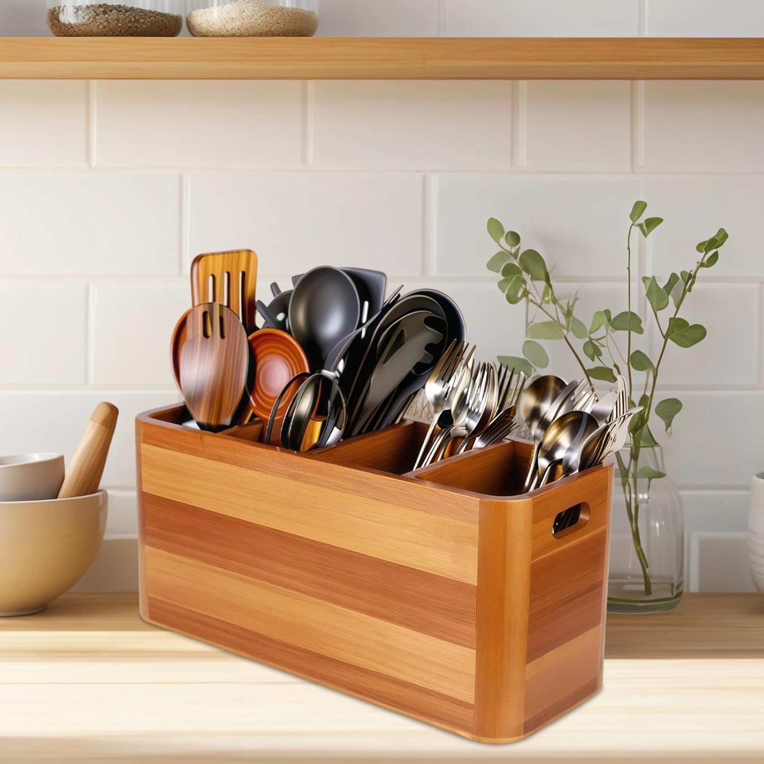 Wooden Storage Rack Containing Expansion Screws and 10 Non-Slip Pads, 4 Compartments Wooden Kitchen Utensil Organizer Holder