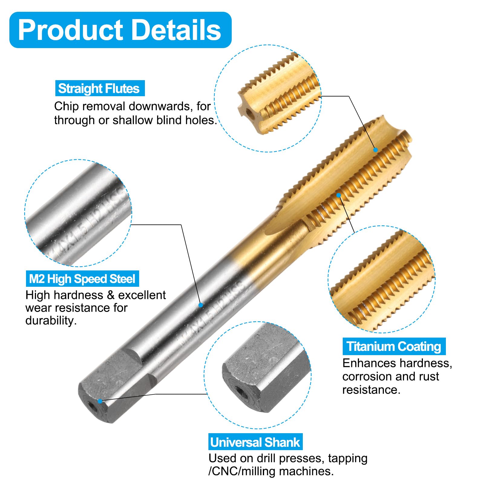 Set di Maschi e Punte da Trapano, 1 Maschio filettato a scanalatura Dritta M14 x 1,5 e 1 Punta elicoidale da 12,5 mm, Kit di Utensili per Filettatura HSS-6542 Rivestiti in Titanio