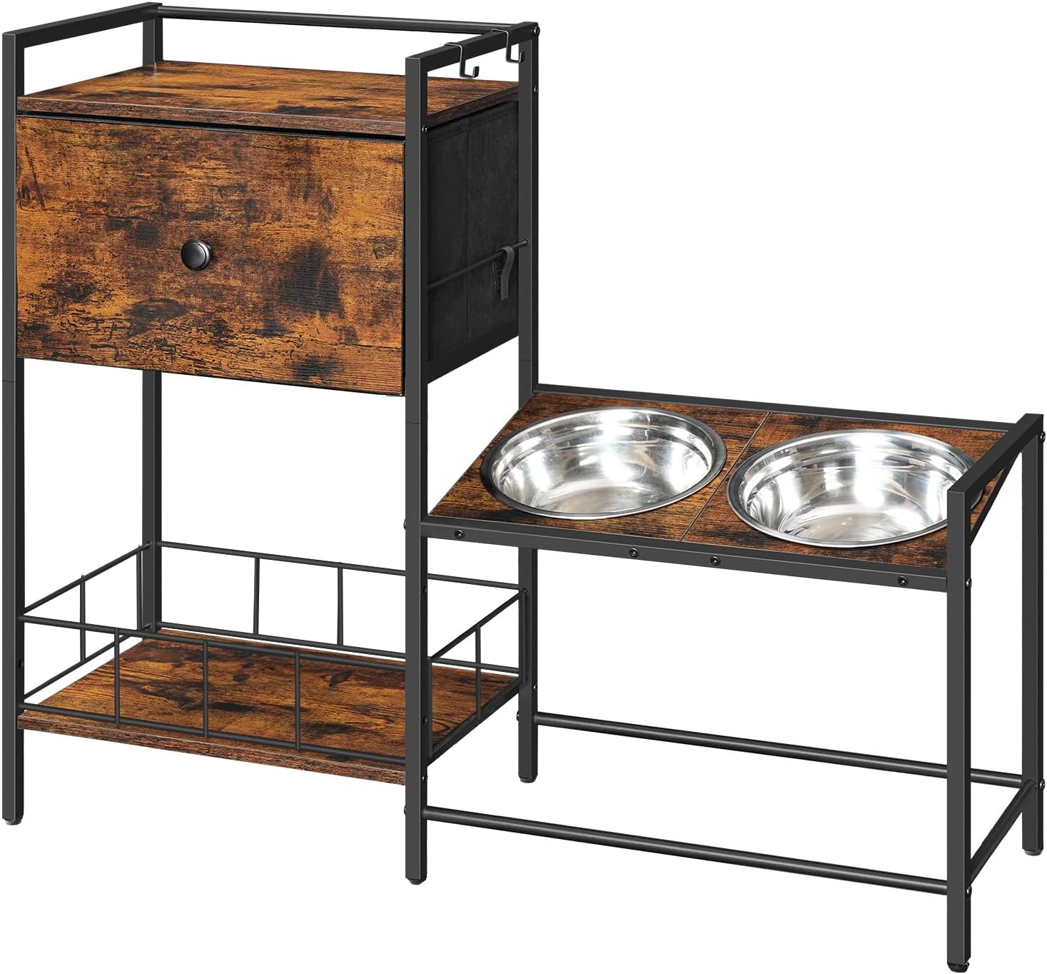 HOOBRO Raised Dog Bowls, Elevated Dog Bowl Stand with 3 Heights Adjustable, 2 Stainless Steel Bowls for Large Medium Breeds, Dogs Feeding Station with Storage, Rustic Brown and Black BF22PO03