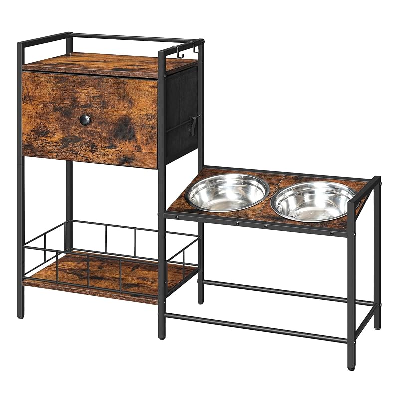 Comedouro elevado para cães HOOBRO com 2 tigelas de aço inoxidável, altura ajustável e armazenamento BF22PO03