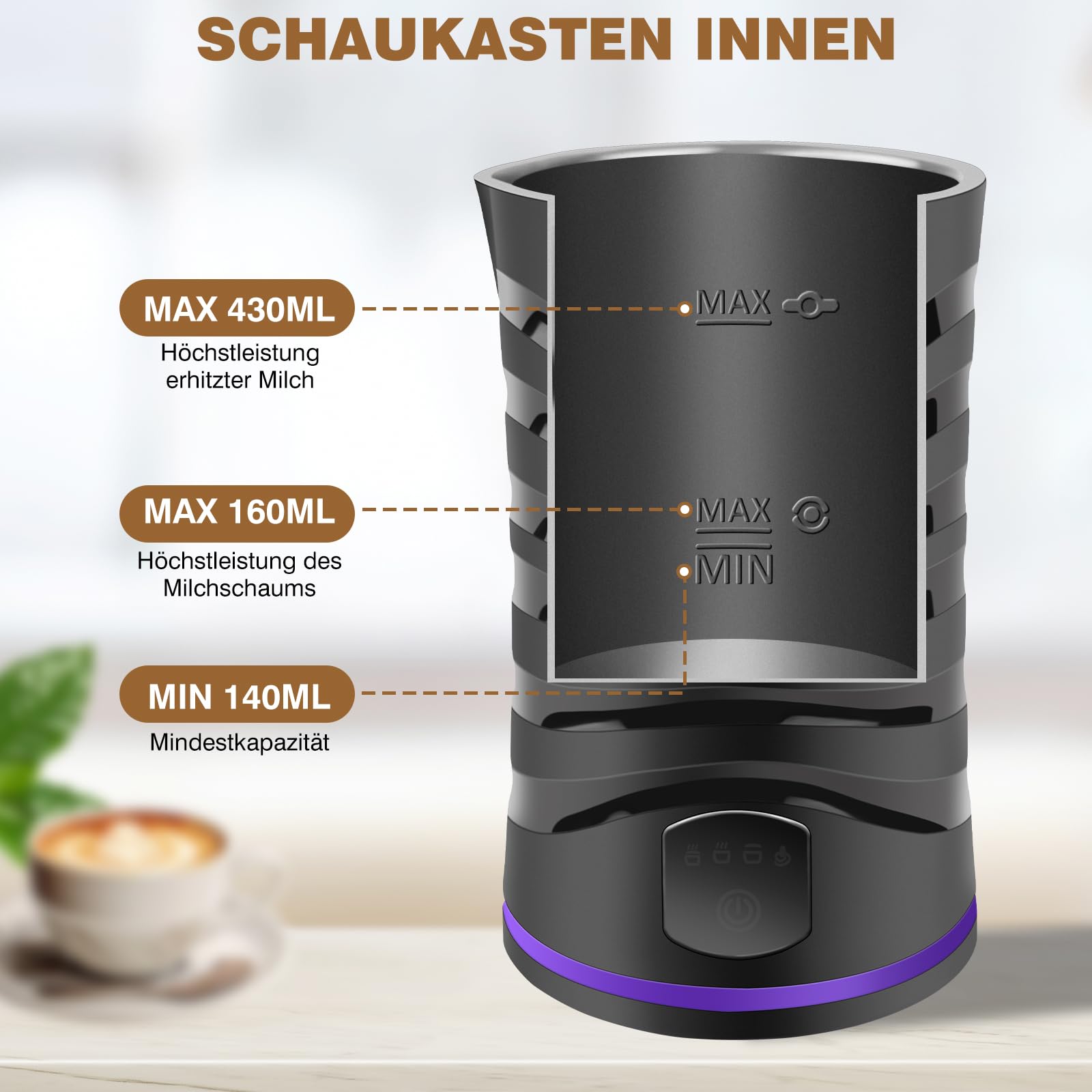 Montalatte elettrico 4 in 1, capacità 600 ml, in acciaio inox, rivestimento antiaderente, schiuma di latte calda e fredda, per latte macchiato, cappuccino e cacao (nero)