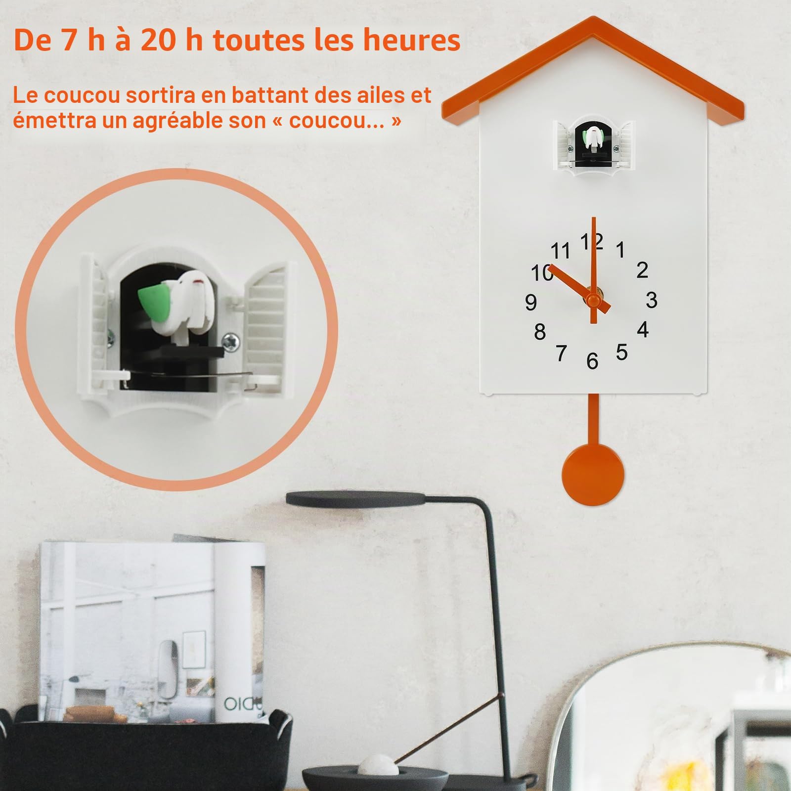 Horloge à coucou moderne, Horloges à coucou avec pendule et carillon, Cuckoo Clock, Horloge à pendule murale pour art mural, maison, salon, cuisine, bureau (Orange)
