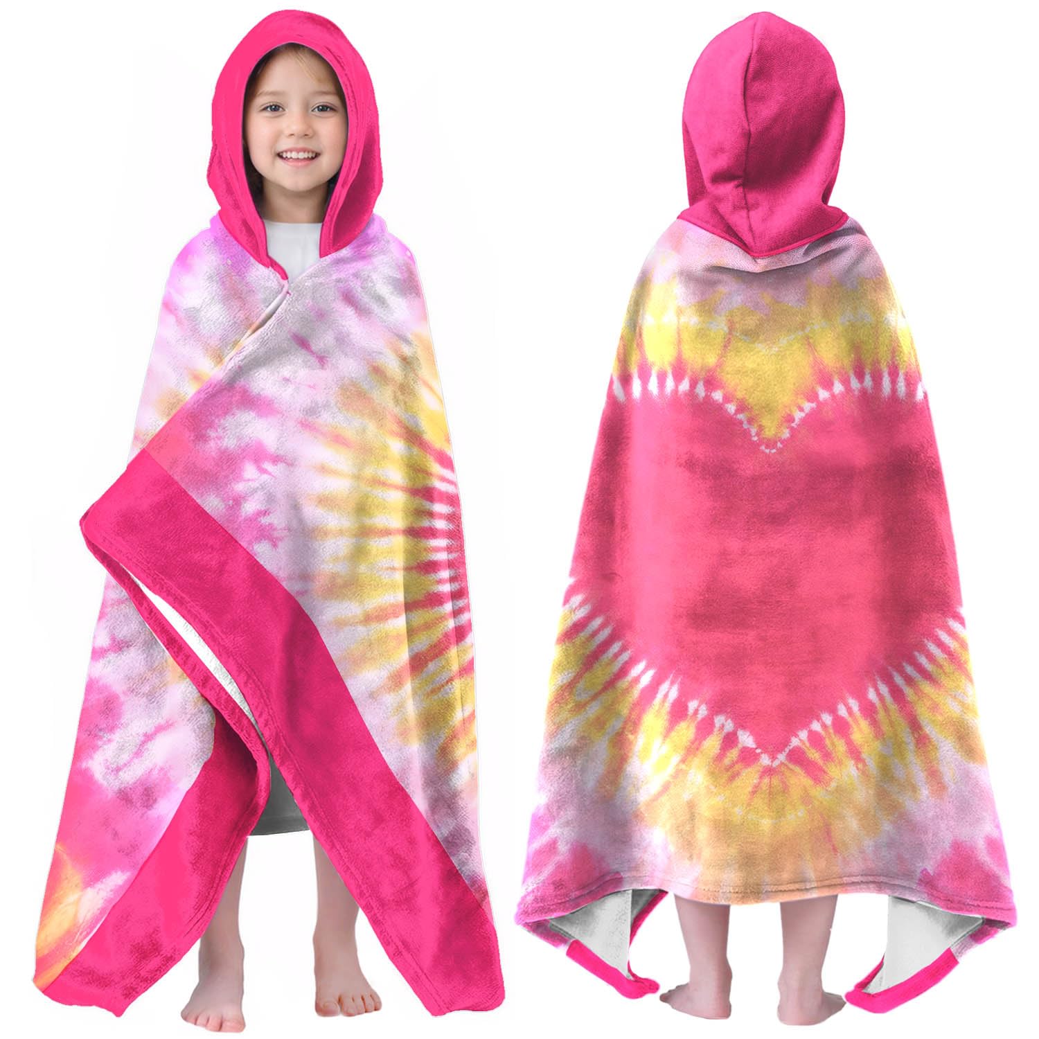 Heart-shaped Print Girls Beach Towel with Hoodie for Kids Toddlers Age 4-8, Pink Blue Bath Towels Shower Wrap for Girls, Hooded Poncho Beach Blanket