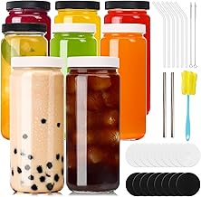 CUCUMI 8pcs 16oz Glass Juice Bottles with Lids, Reusable Juice Containers Drinking Jars Water Cups with Brush, Glass Straws, Lids with Hole and Blank Labels