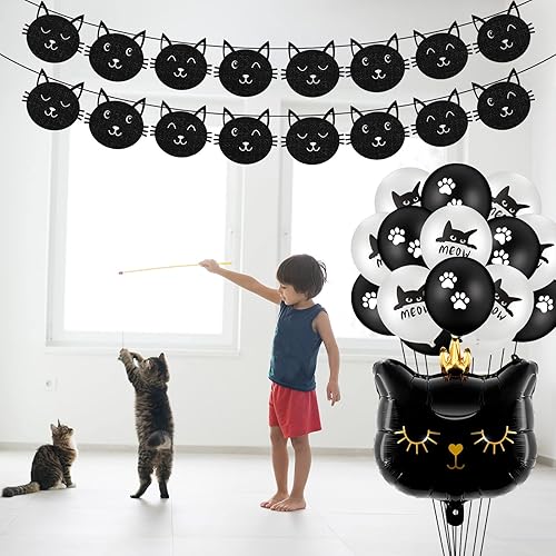 Miniatura 6 de Decoraciones de fiesta de gato, 36 piezas de pancarta de cumpleaños de gato con purpurina, pancarta de maullido negro con estampado negro, globos de