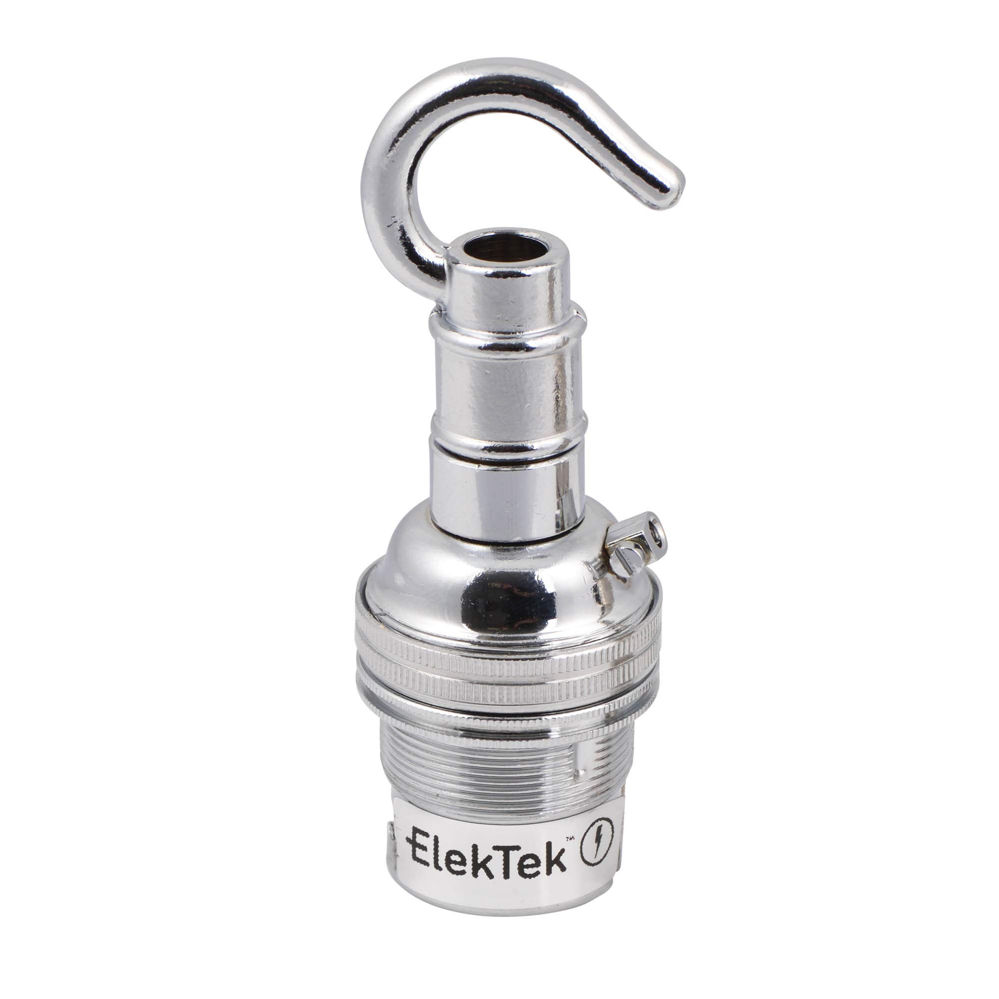 Elektek Chrome (Bright Silver) Unswitched Lamp Holder B22 Bc Bayonet Cap & Shade Ring With Solid Cast Brass Hook For Ceiling, Bracket Or Chain Suspension - Made In Uk - Chrome