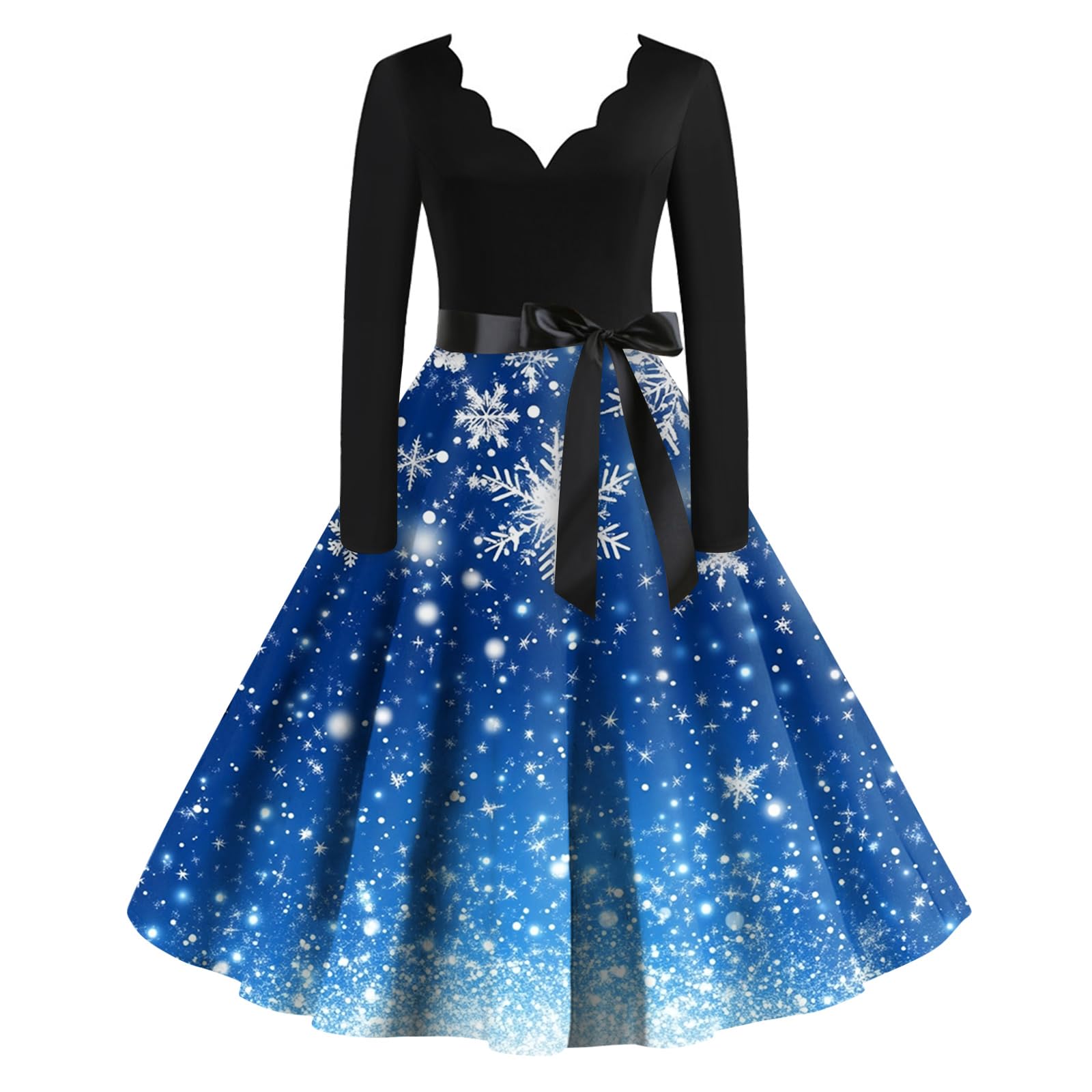 Women Christmas Dresses Retro A Line V Neck Midi Dresses Cocktail Party 1950s Vintage Long Sleeve Swing Dress