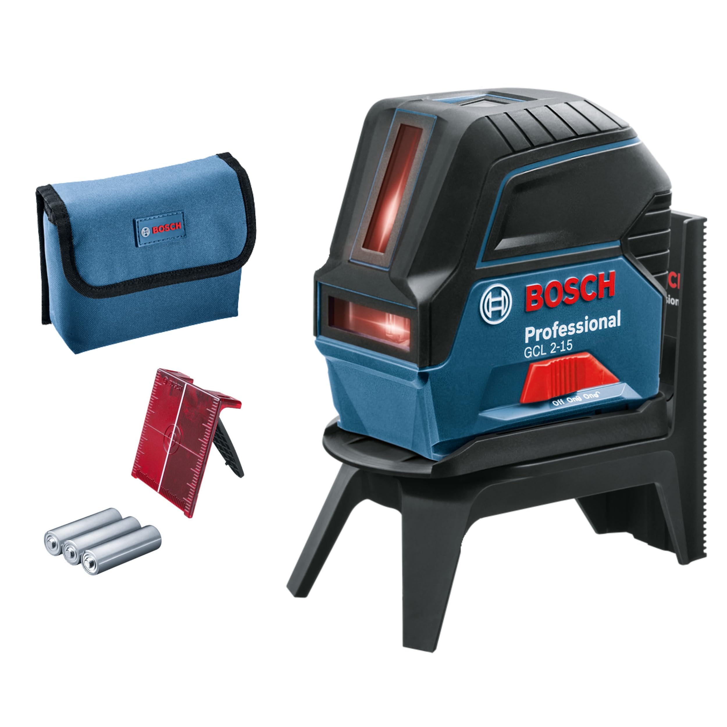 Bosch Professional laser ligne en croix GCL 2-​15 (laser rouge, pour l'intérieur, avec points d'aplomb, portée : 15 m, 3 piles AA, support rotatif RM 1, cible laser, housse de protection)
