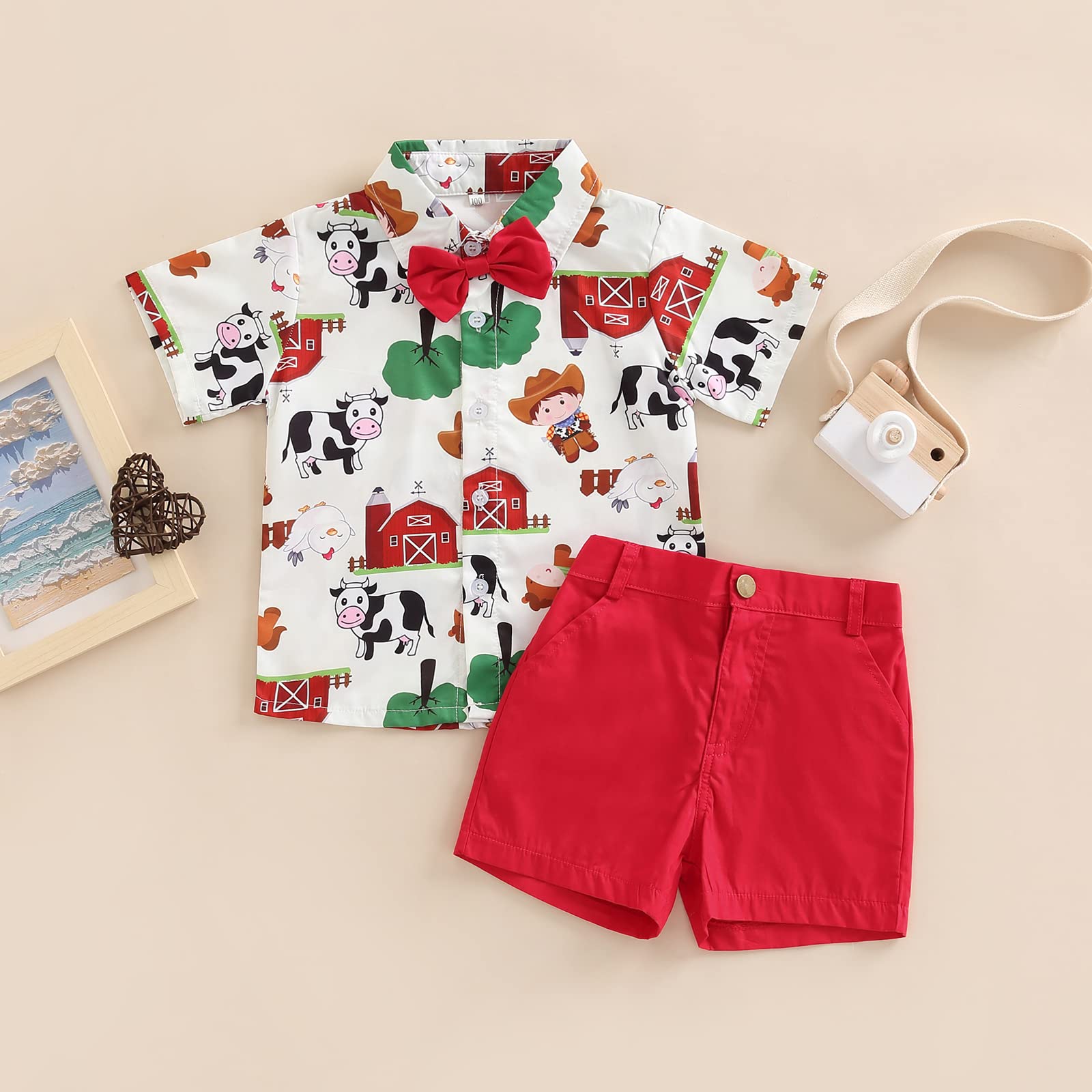 VISGOGO Conjunto de camisetas con estampado de animales de granja y circo para niños pequeños con pajarita y pantalones cortos