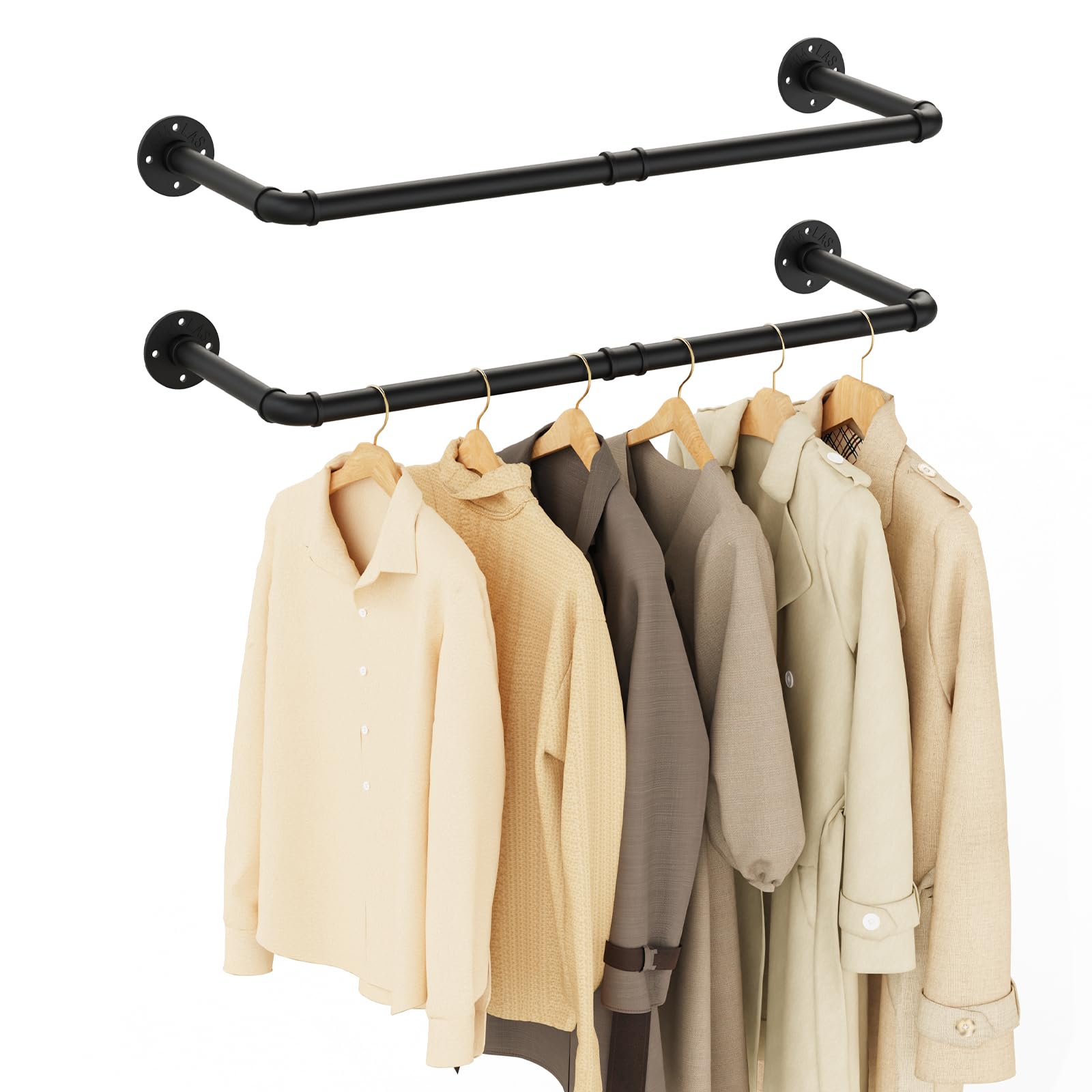 Yawinhe Perchero de Pared Industrial, 80cm, Barras de Suspensión para Ropa, Ahorro de Espacio, Desmontable, para Dormitorio, Sala de Estar, Negro, 2-Pack