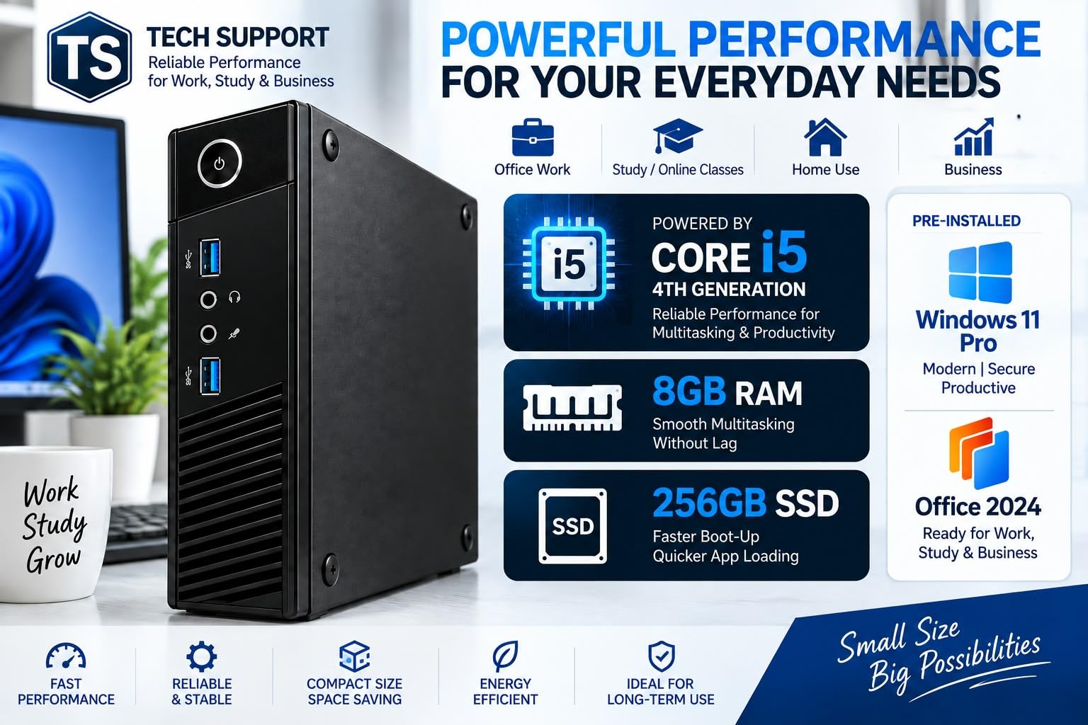 TECHSUPPORT Mini Desktop PC, Core i5 4th Gen, 8GB RAM, 256GB SSD, Windows 11 Pro, Office 2024, HD Graphics, WiFi, Compact Business & Office Computer | 1Year Onsite Warranty — Amazon image 2