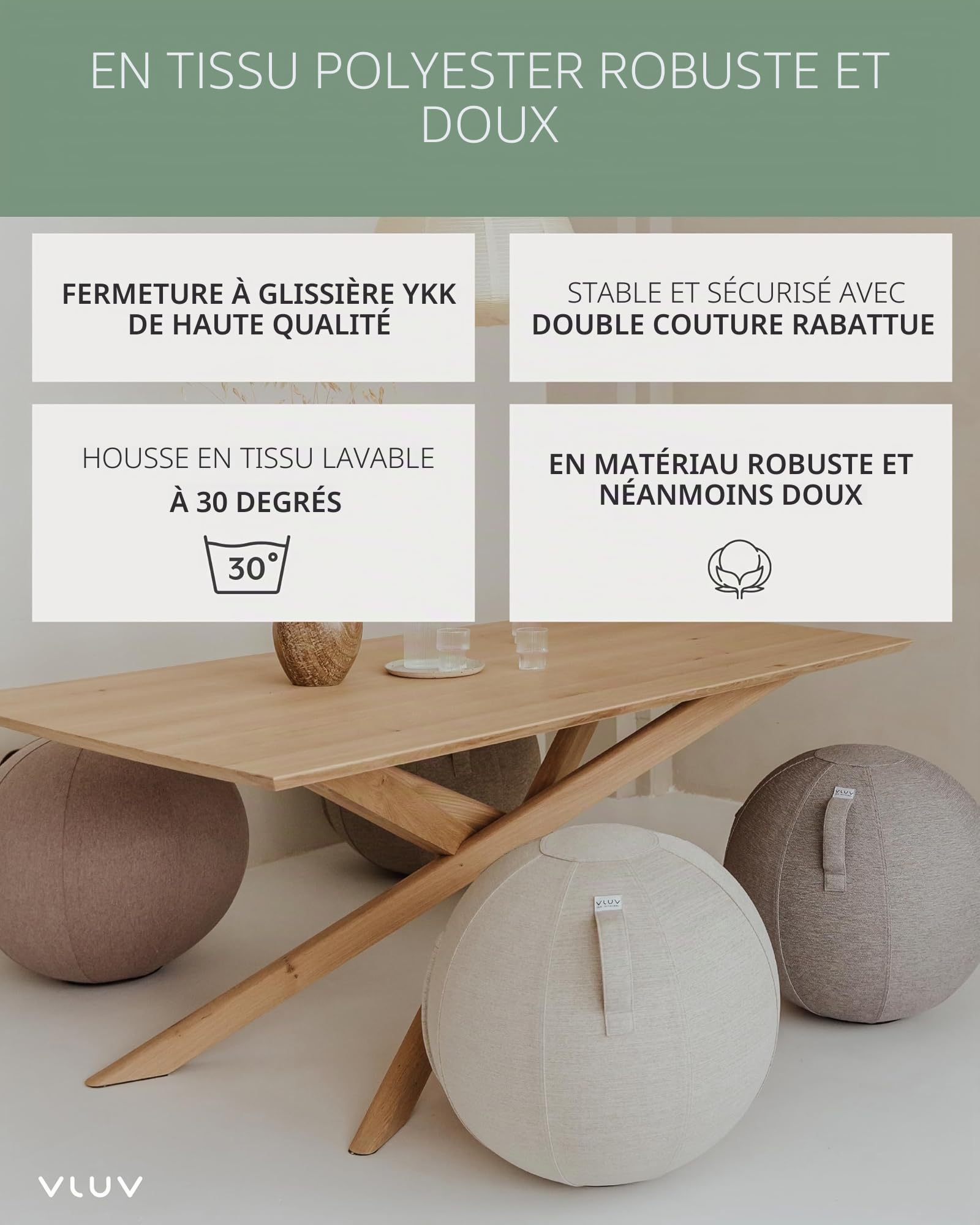 VLUV Ballon-siège STOV, siège Ergonomique, Couleur: Greige (Gris), Ø 70cm - 75cm, Tissu d’ameublement de qualité supérieure, Robuste et indéformable avec Une poignée de Transport