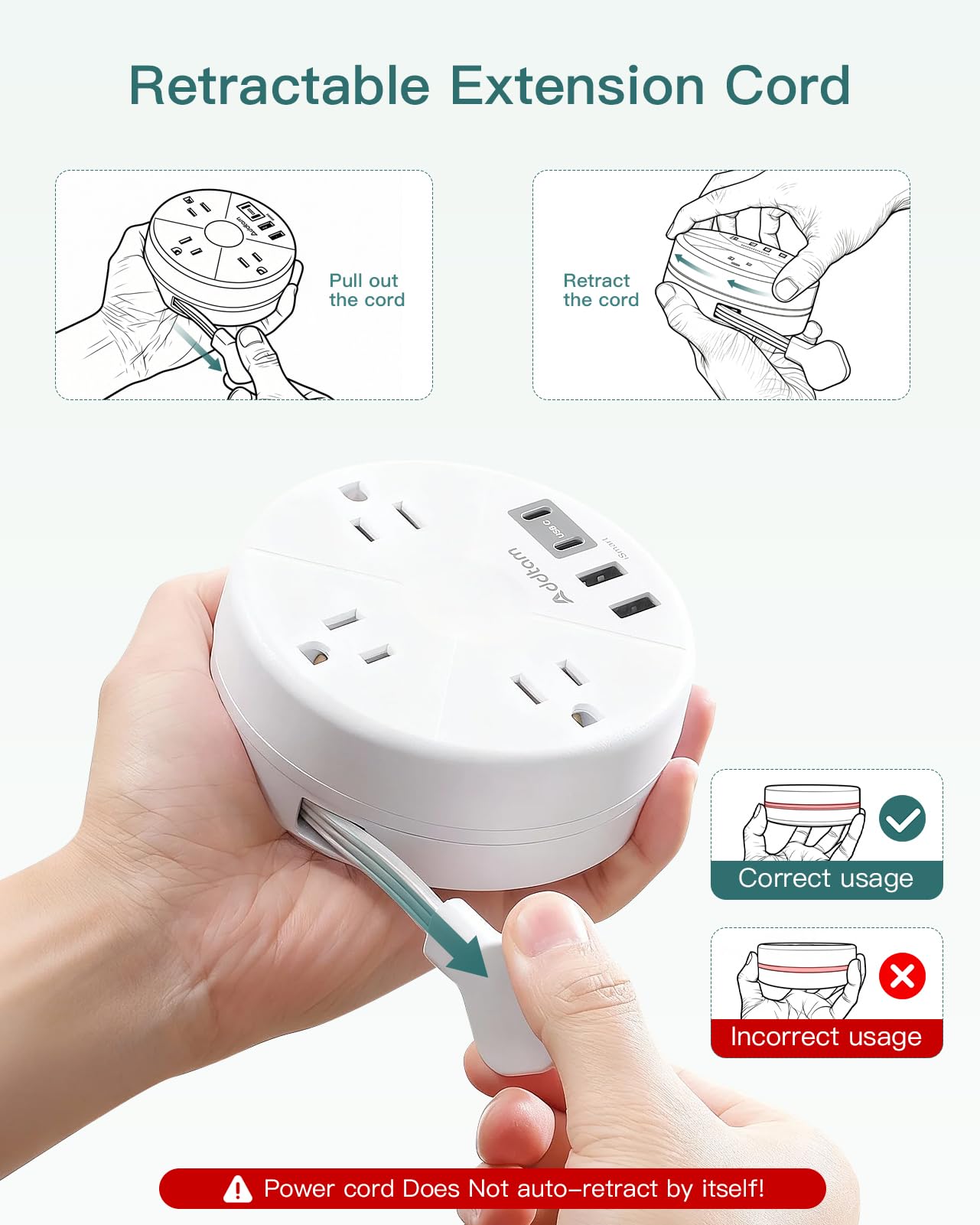 Addtam Travel Esstentials - Cruise Approved Power Strip with 5ft Retractable Cord, Ultra Thin Flat Plug, 3 Outlets 4 USB (2 USB C), Non Surge Protector for Travel/Cruise/Home/Dorm/Office, ETL Listed — view 2