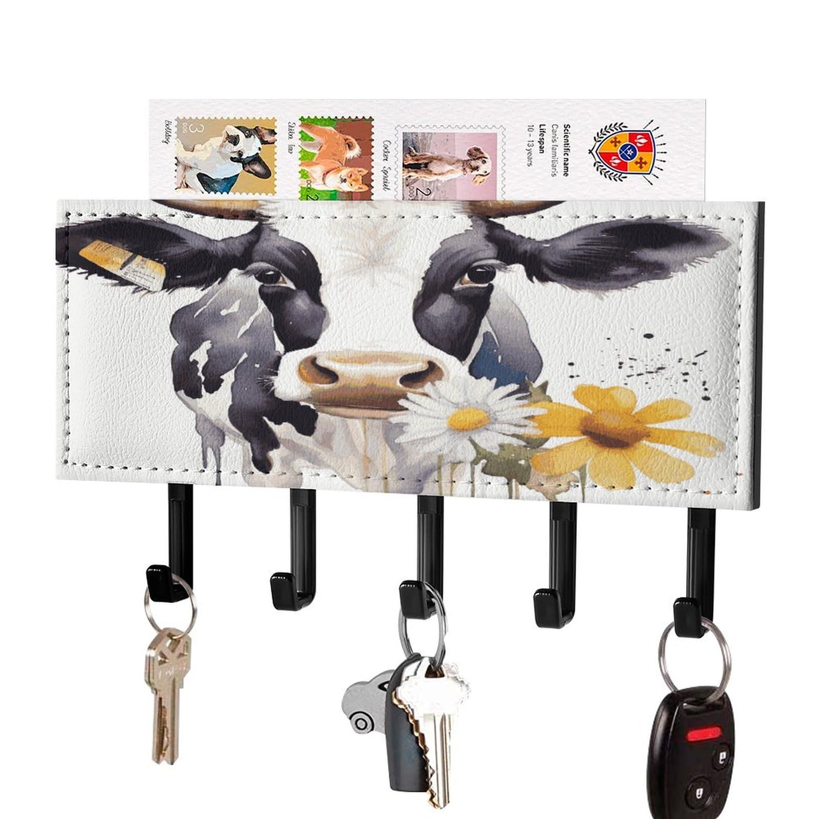 LDGSUPH Watercolor Cow and Daisy Flower Key Holder Wall Mount Key Hanger with 5 Hooks Fashion Key Organizer Rack Hanging Key Hooks with Mail Organizer Key Rack for Home Entryway Hallway Black-Style